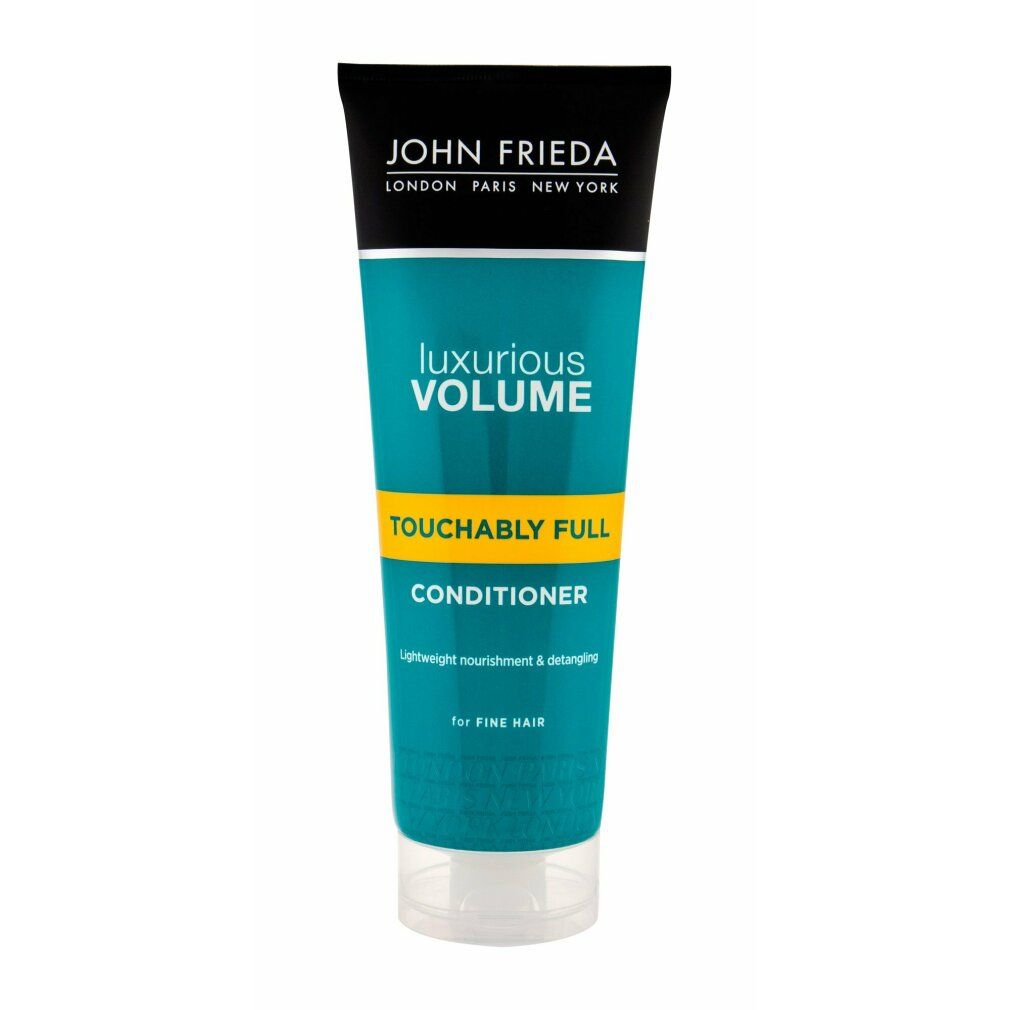 Tubo di balsamo John Frieda. Volume lussuoso, Touchably Full. Per capelli fini. Design verde e bianco, tappo nero.