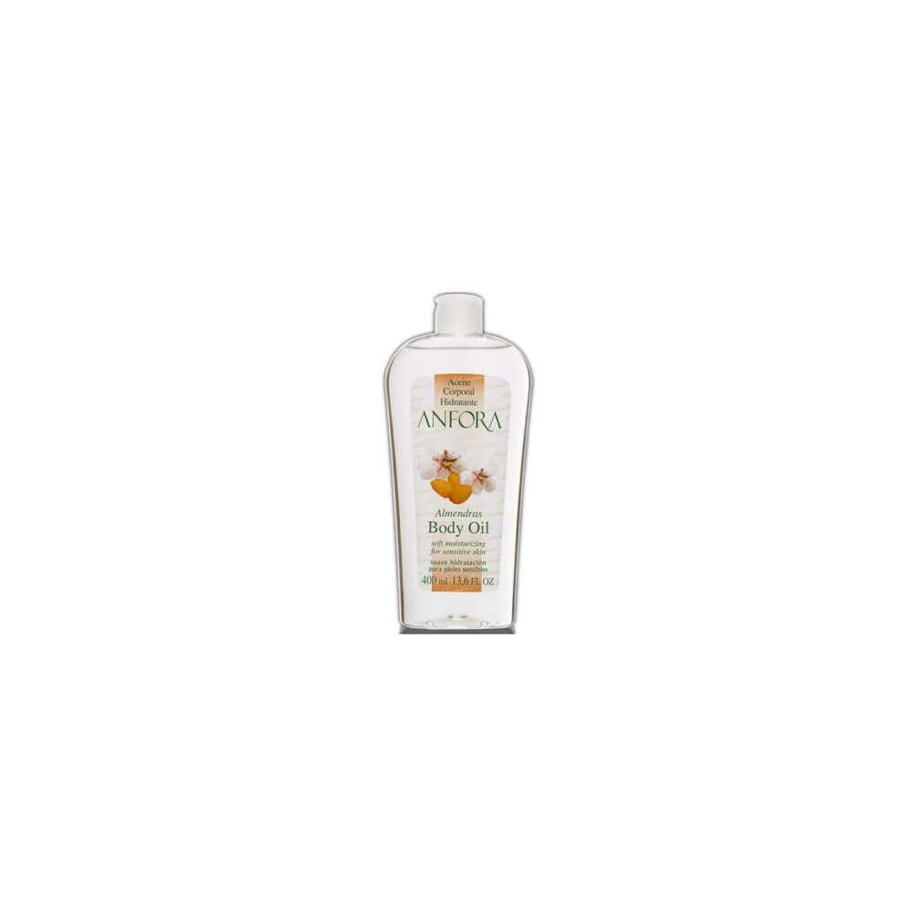 Olio corpo in bottiglia trasparente. Etichetta con ANFORA, Aceite Corporal Hidratante, Almendras Body Oil. 400 ml, 13.6 FL OZ.