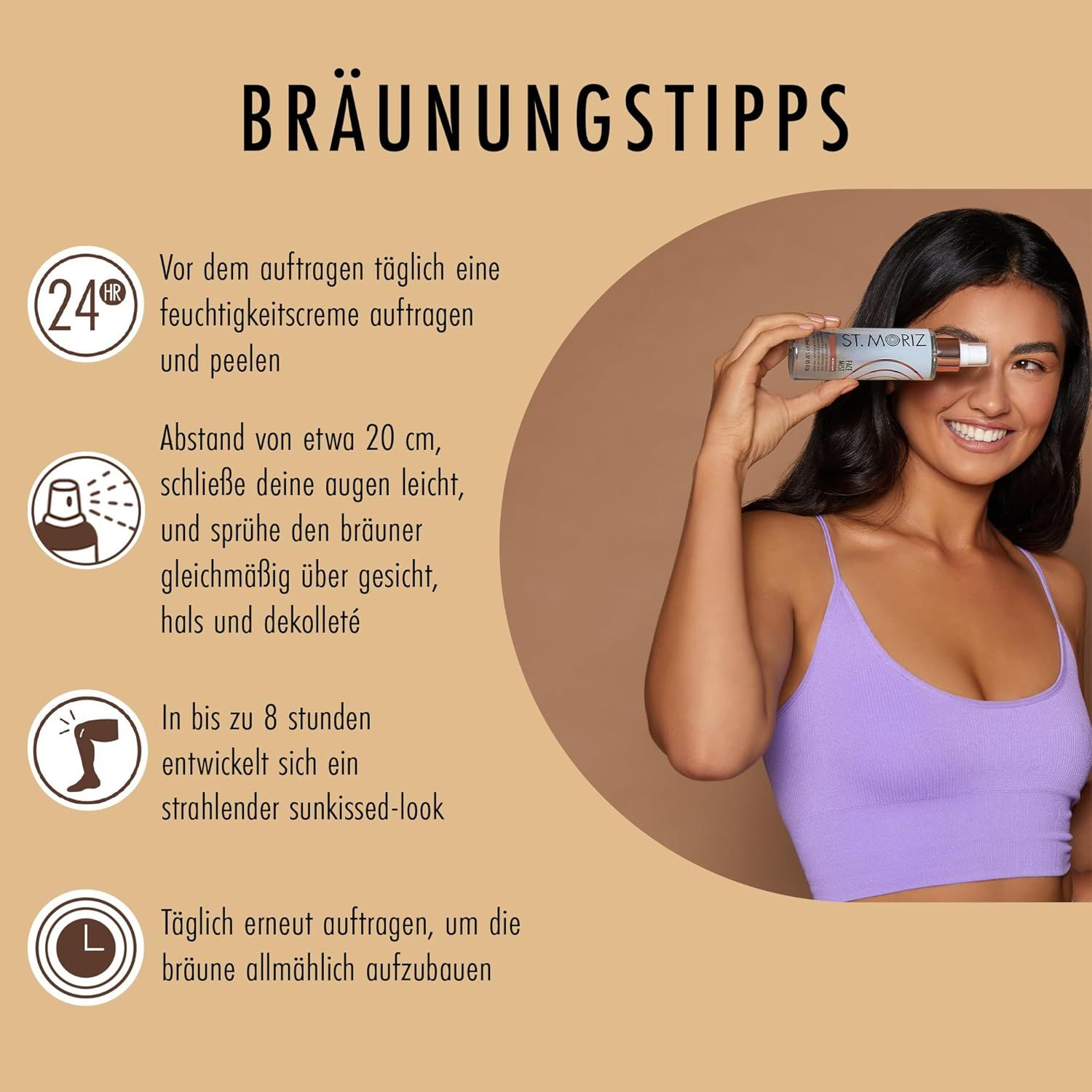 Donna che tiene in mano un flacone di spray per il viso. Testo: Consigli per l'abbronzatura. Applicare quotidianamente una crema idratante ed esfoliare prima dell'applicazione.