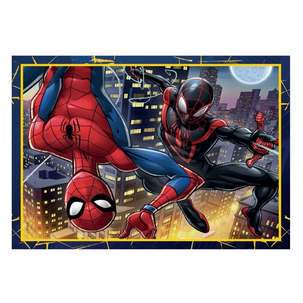 Puzzle con illustrazioni di Spiderman. Cornice blu. Personaggi in azione.