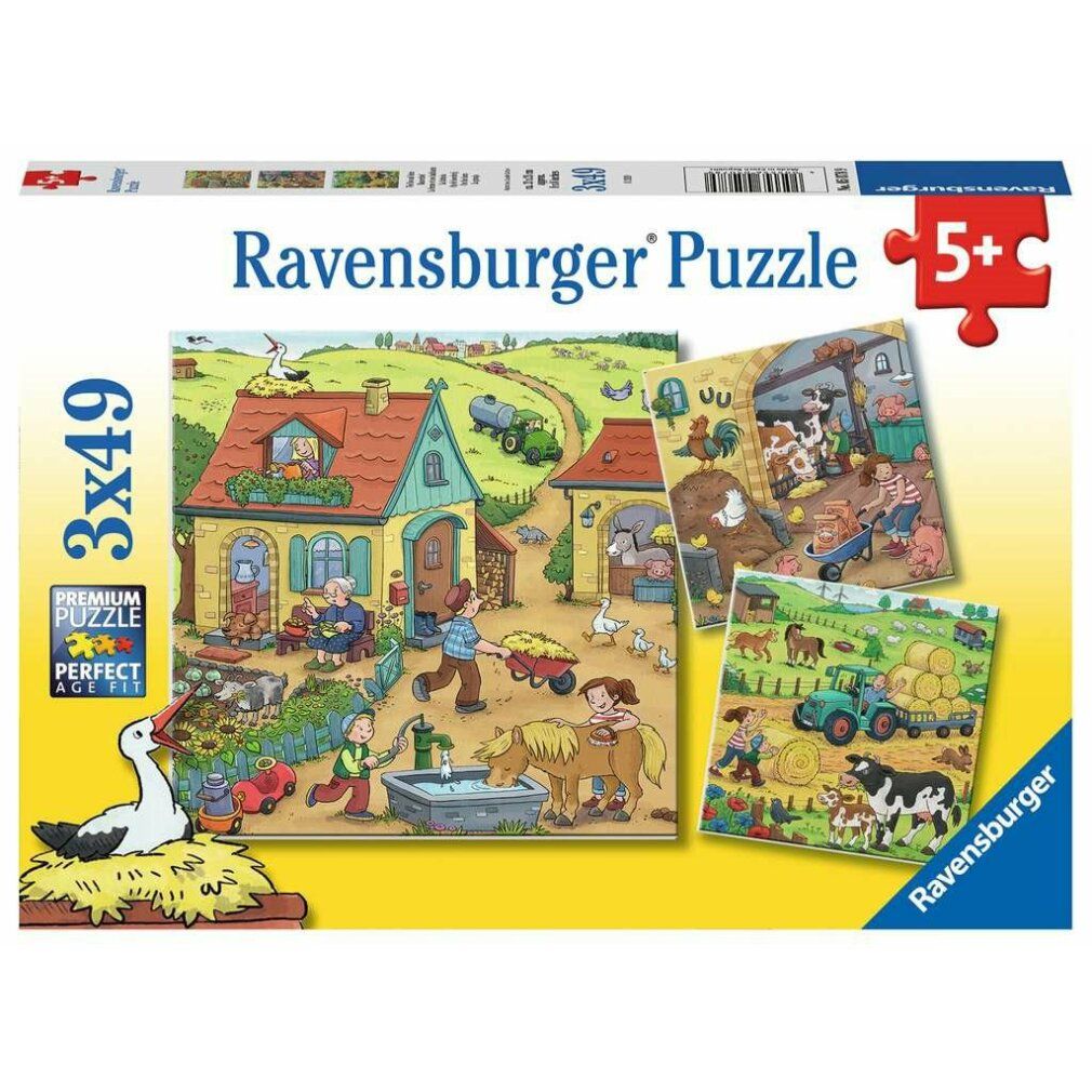 Puzzle 'Auf dem Bauernhof'. Scena con fattoria, personaggi, animali e paesaggio. Bambini giocano alla fontana, cicogna sul tetto.