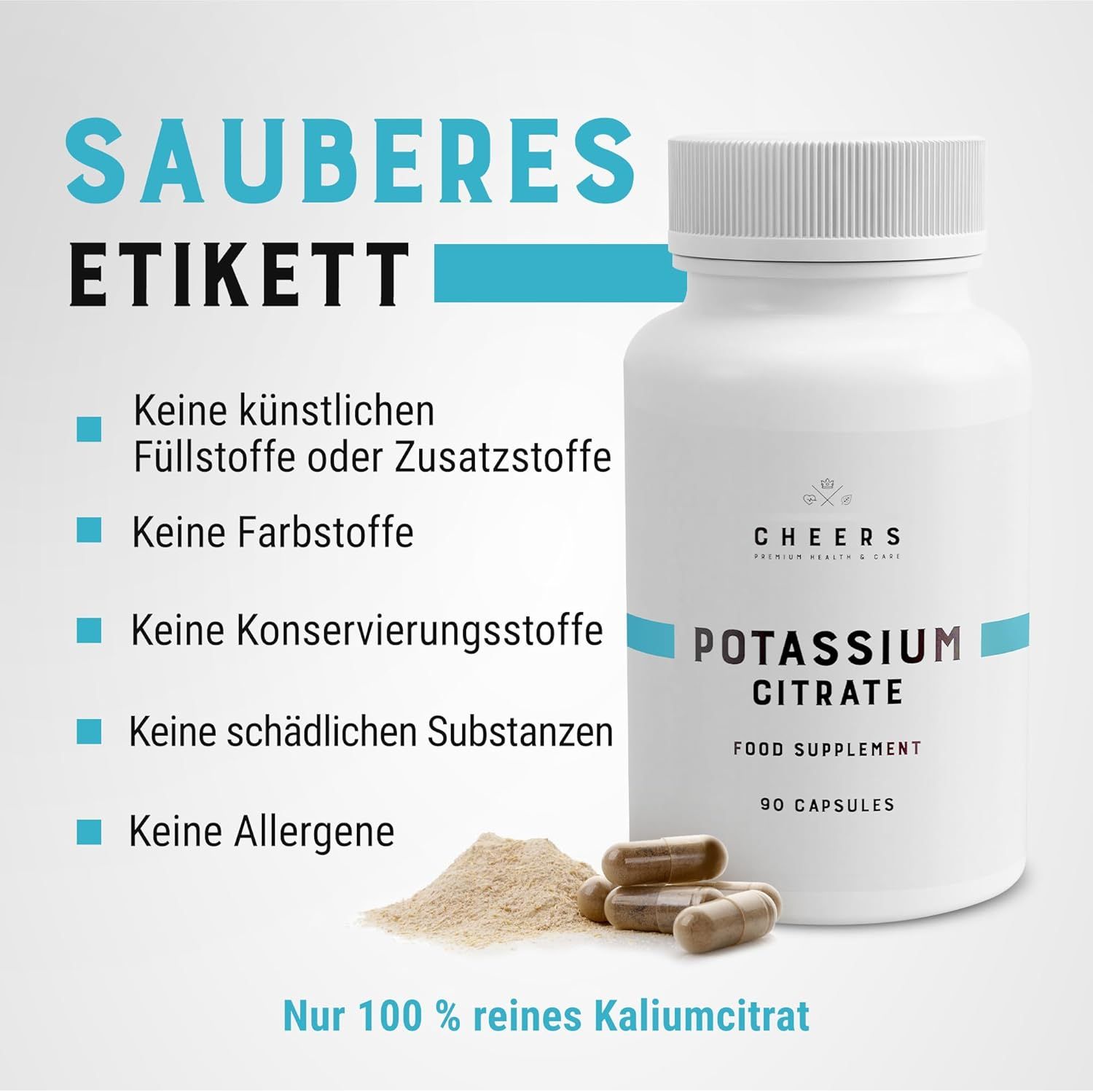 Flacone CHEERS Potassium Citrate. Testo: Nessun riempitivo artificiale, coloranti, conservanti, sostanze nocive, allergeni.