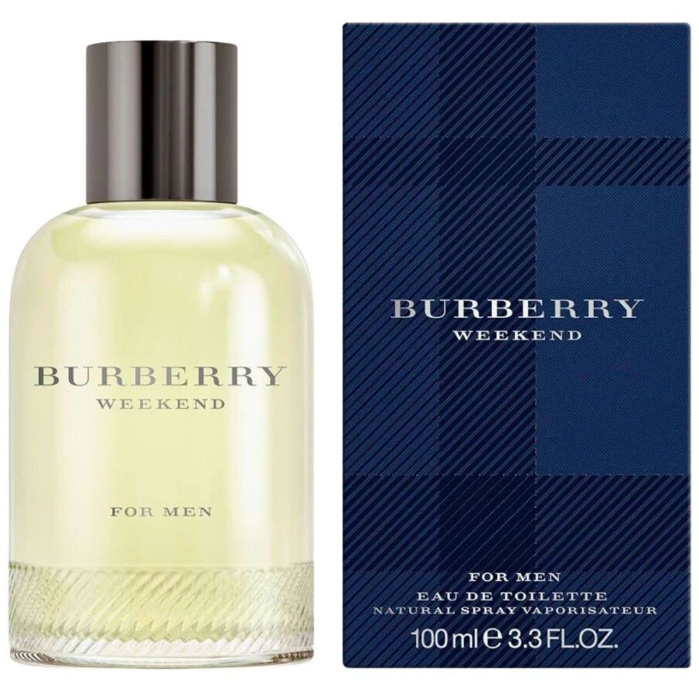 Burberry Weekend Eau de Toilette da uomo. Flacone e confezione. Flacone con tappo argentato, confezione rettangolare con logo.