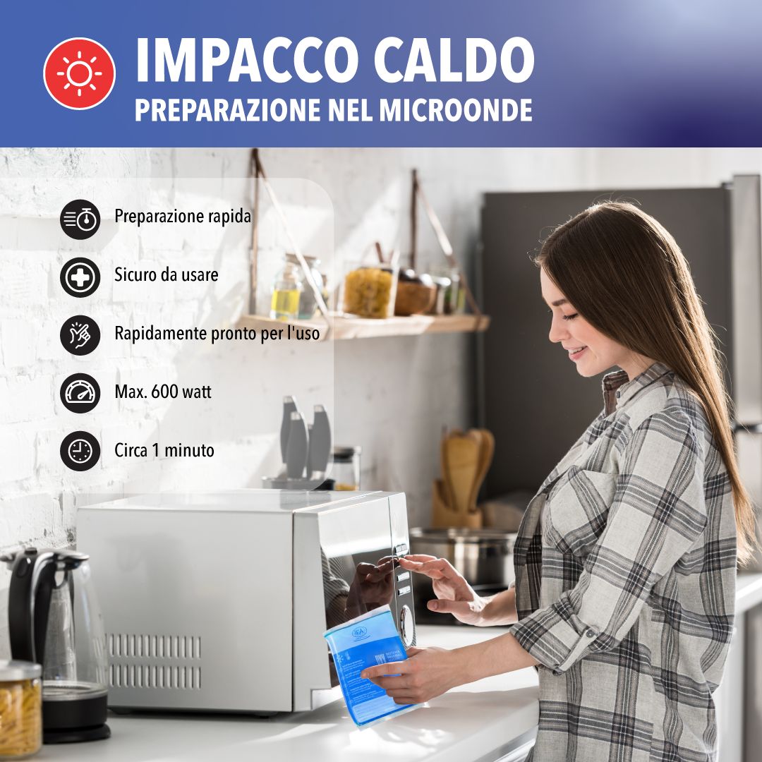 Donna prepara compressa nel microonde. Testo: Preparazione rapida, uso sicuro, pronto all'uso, max. 600 watt.