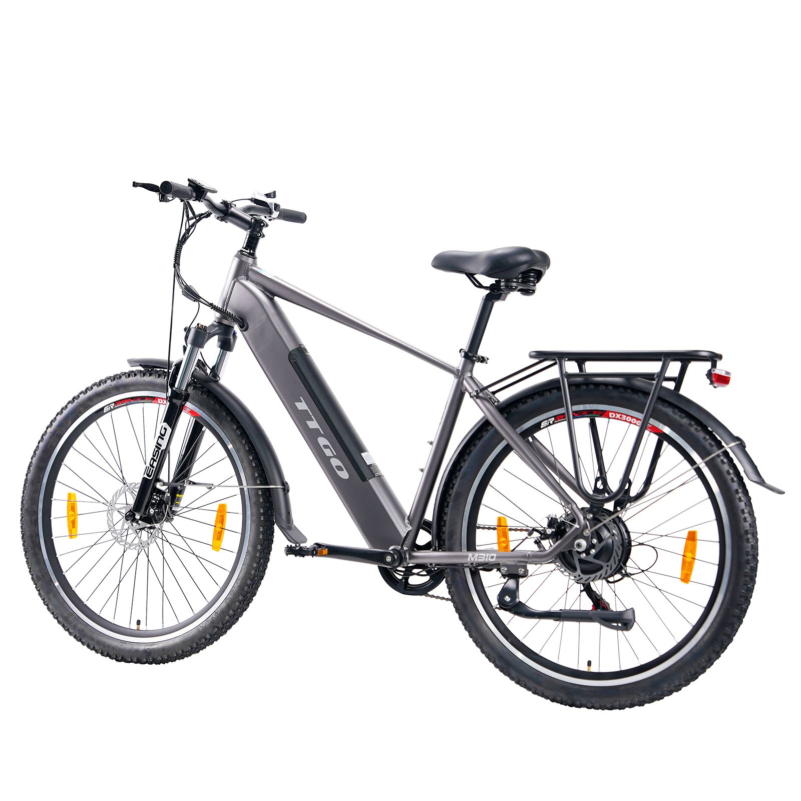 E-bike grigia con portapacchi e parafanghi. TTGO sul telaio. Pneumatici neri con catarifrangenti arancioni.