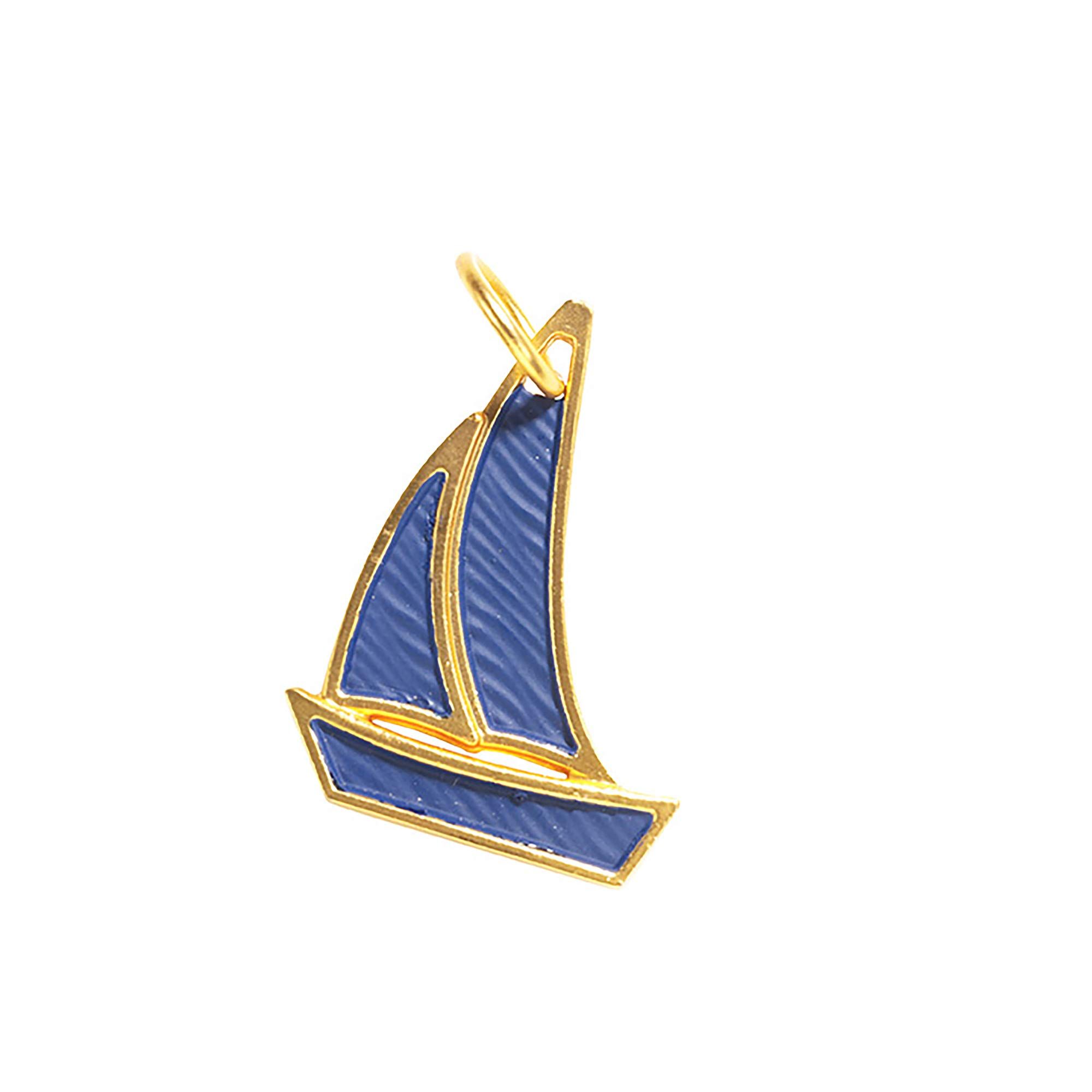 Charm a forma di barca a vela dorata con vela blu. Ciondolo per specchietto retrovisore.