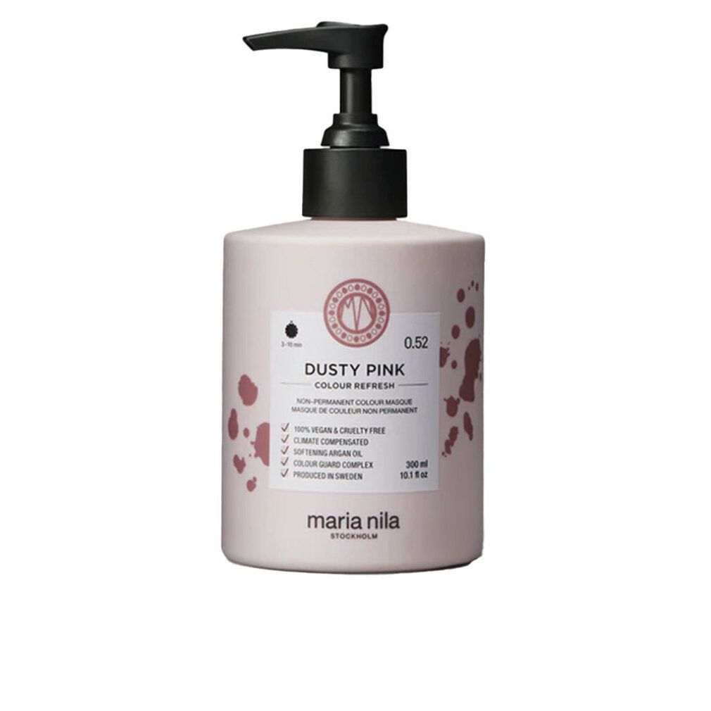 Flacone rosa con dosatore nero. Scritta: Dusty Pink, Maria Nila. Vegano, cruelty-free.