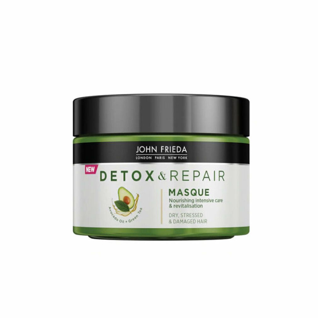 Barattolo John Frieda Detox & Repair Masque. Coperchio nero, corpo verde, etichetta bianca con illustrazione avocado e testo.