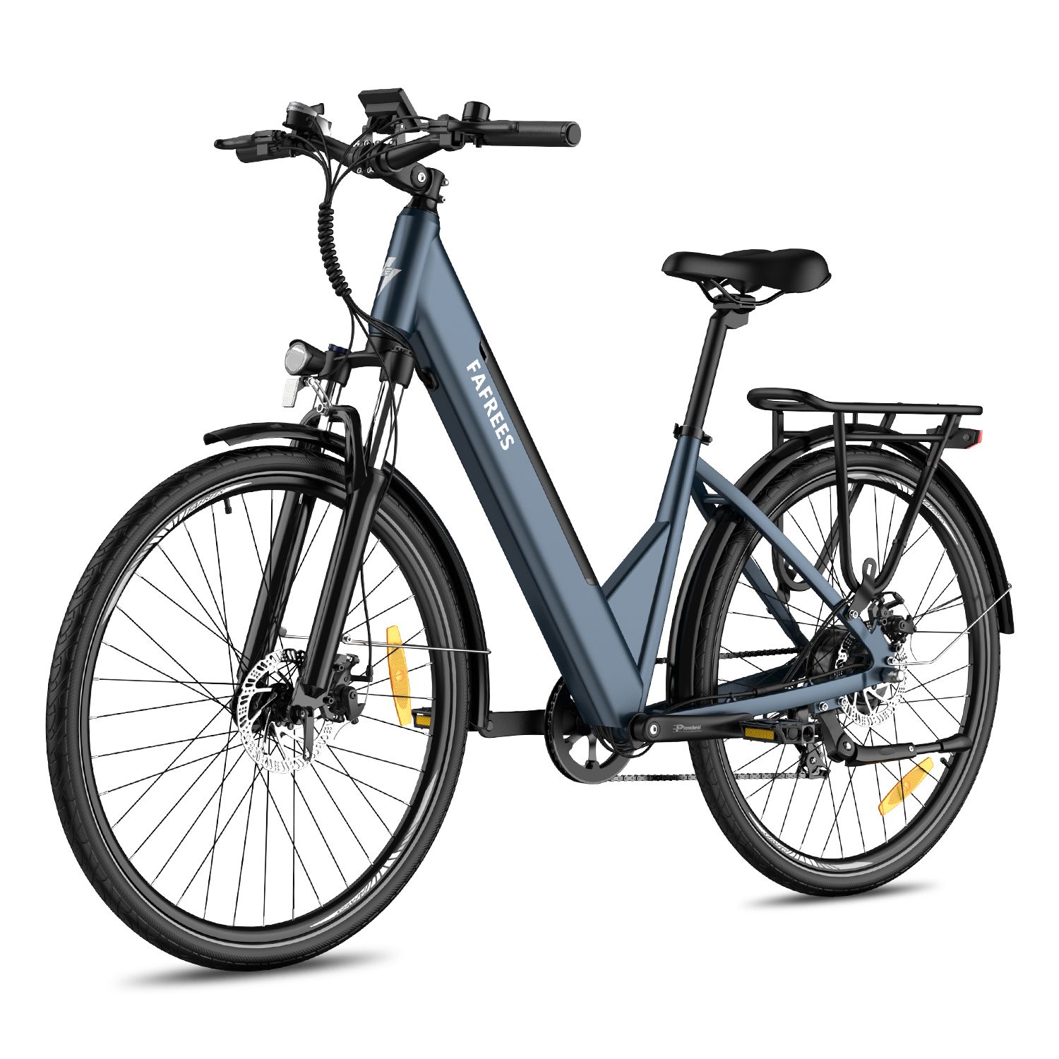 E-bike blu con portapacchi. Marchio FAFREES. Pneumatici e parafanghi neri. Riflettori gialli.