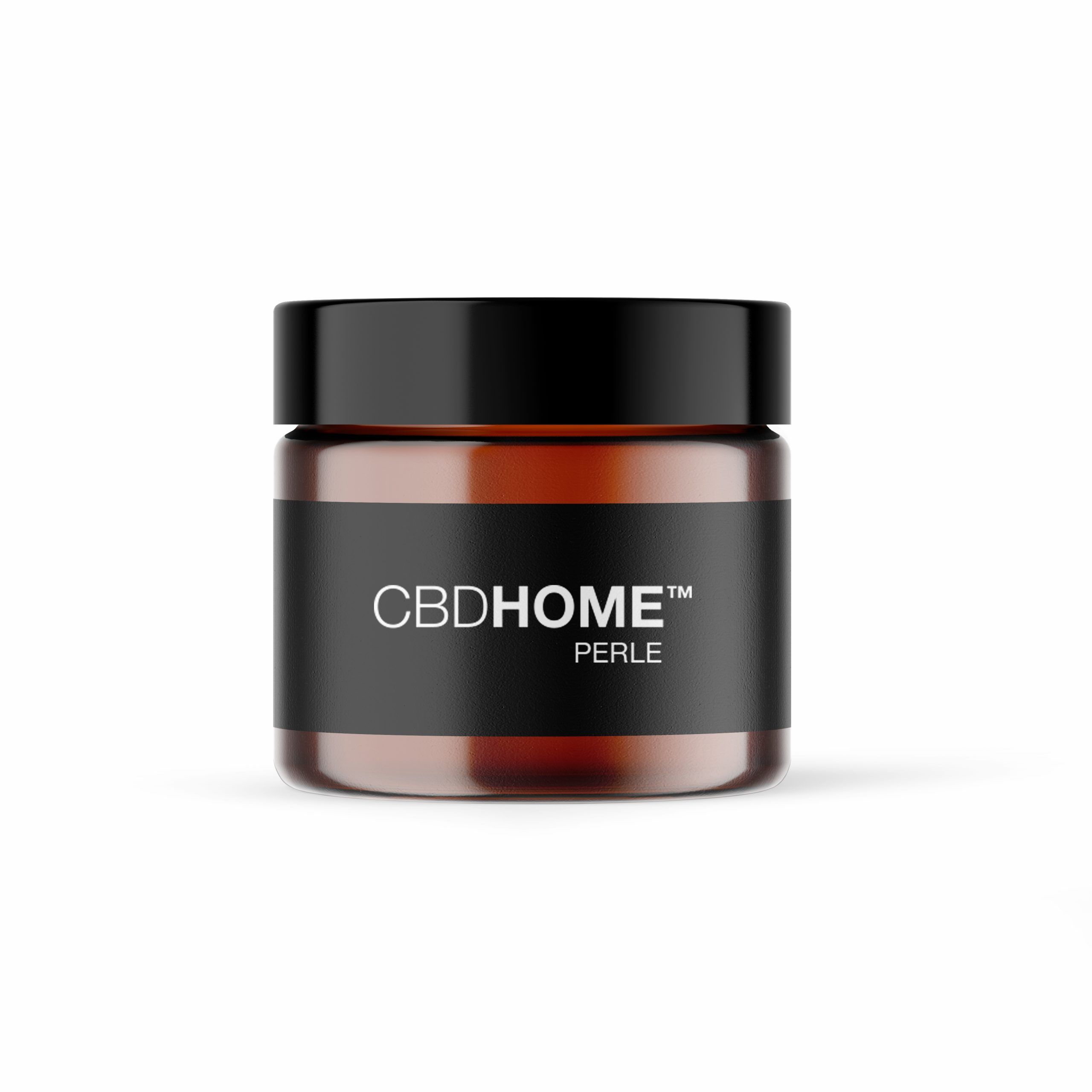 Flacone in vetro ambrato con tappo nero, etichetta 'CBDHOME PERLE'.