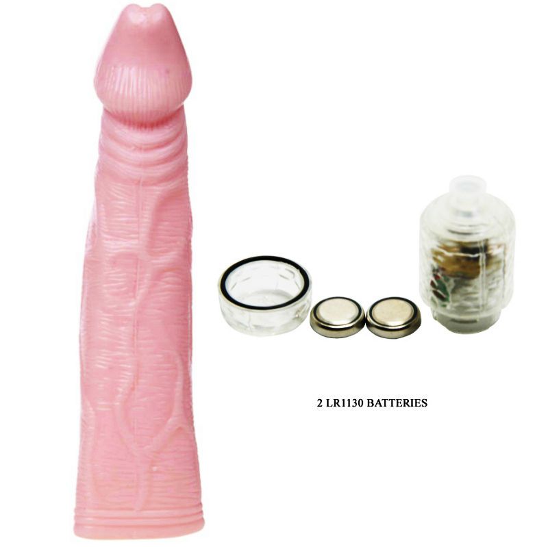 Rosa Penis-Extension, Batterien, Batteriehalterung. Text: 2 LRI130 BATTERIES.
