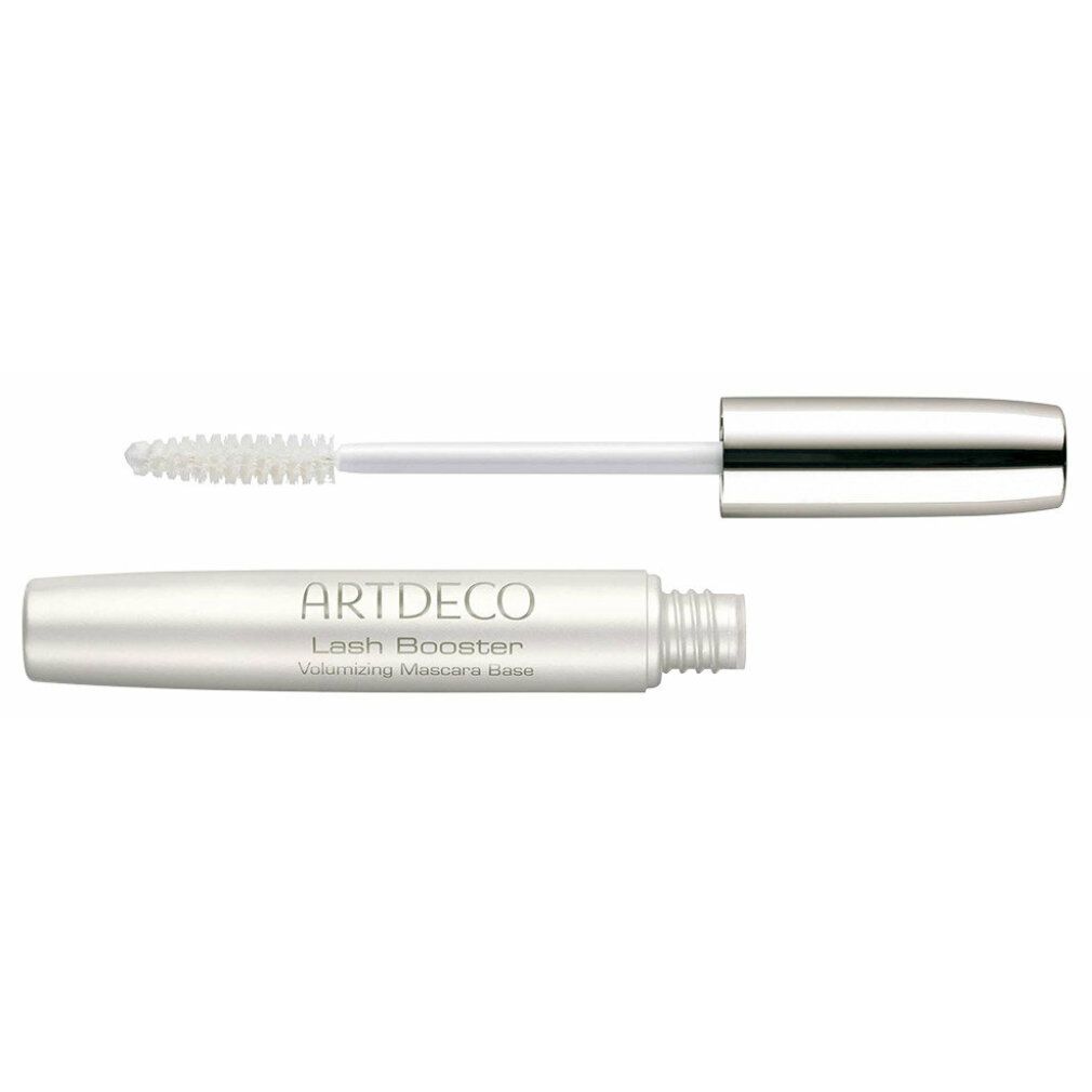 Base per ciglia Artdeco Lash Booster. Tubo e spazzola bianchi. Tappo e tubo argentati. Testo: Artdeco, Lash Booster, Volumizing Mascara Base.