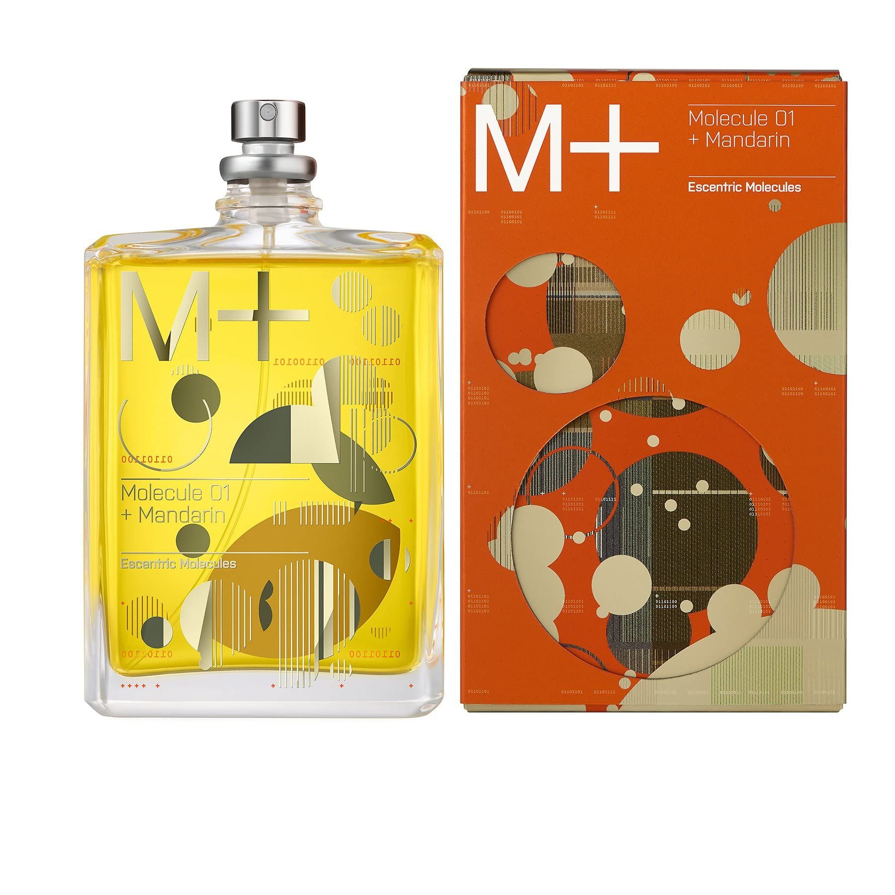 Flacone con liquido giallo e confezione arancione. Scritta: M+, Molecule 01 + Mandarin, Escentric Molecules.