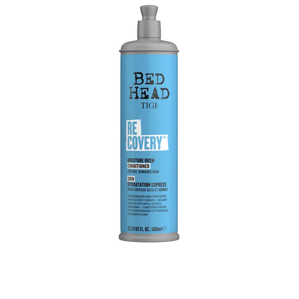 Flacone blu e grigio con pompa. Bed Head Tigi Recovery Conditioner. Testo: Moisture Rush, per capelli secchi e danneggiati. 600ml.