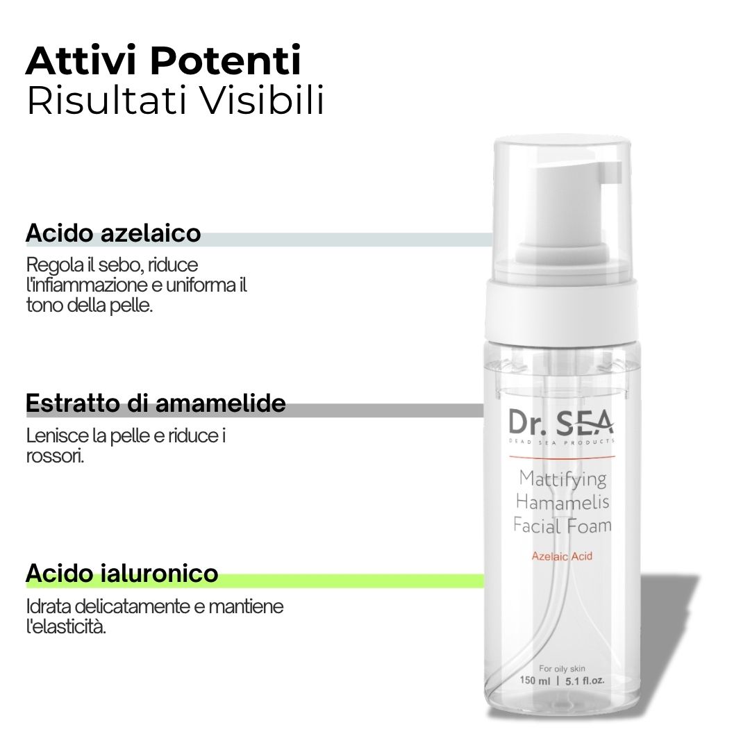 Prodotto con erogatore bianco. Testo: Dr. SEA, Mattifying Hamamelis Facial Foam, Azelaic Acid. Ingredienti.