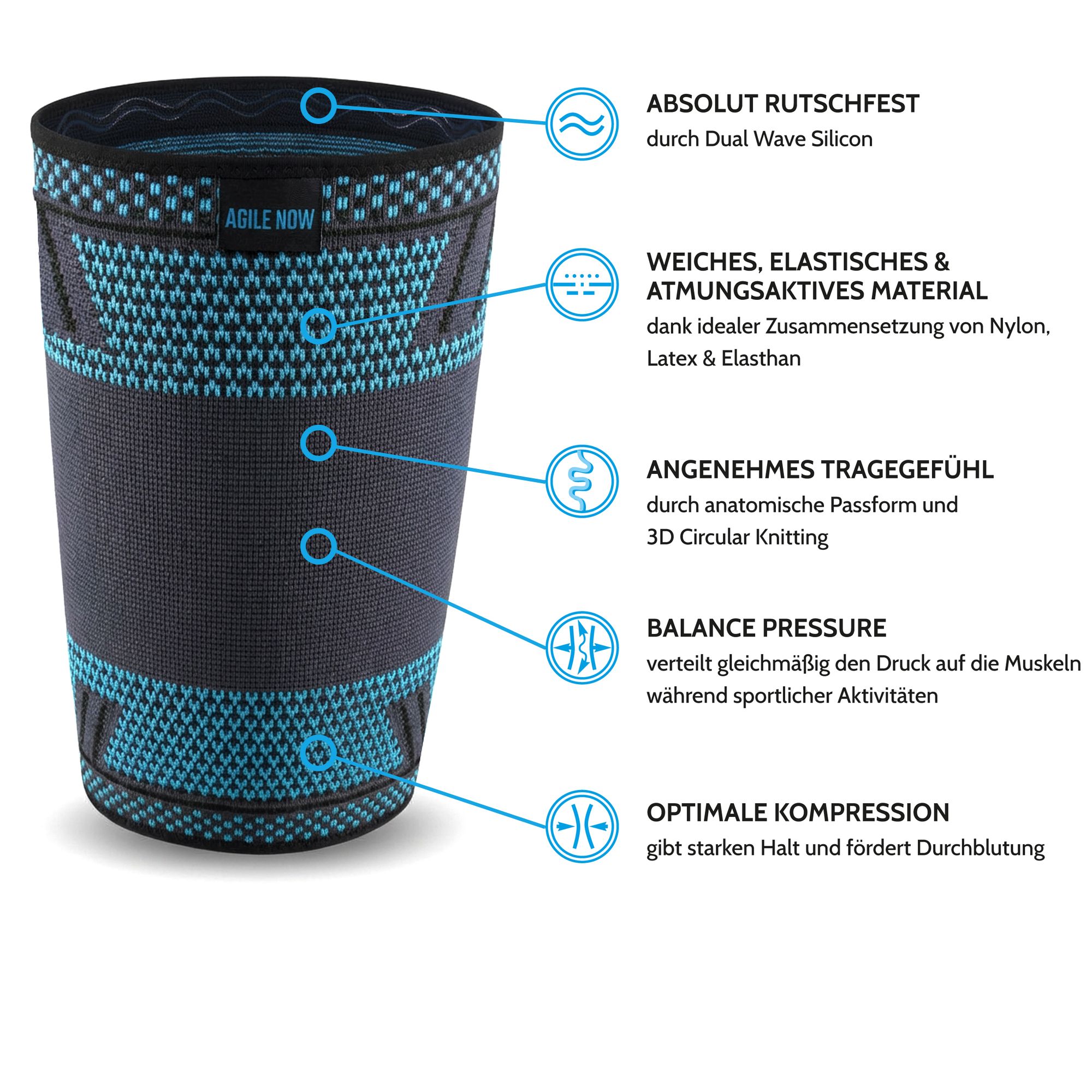 Bendaggio per coscia. Tessuto nero-blu. Forma anatomica. Silicone a doppia onda. Traspirante. Compressione ottimale.