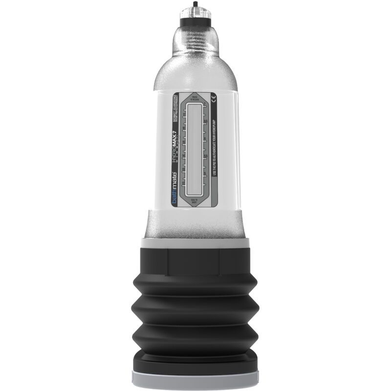 Bathmate Hydromax7 Wide Boy. Cilindro trasparente con soffietto nero e base argentata.