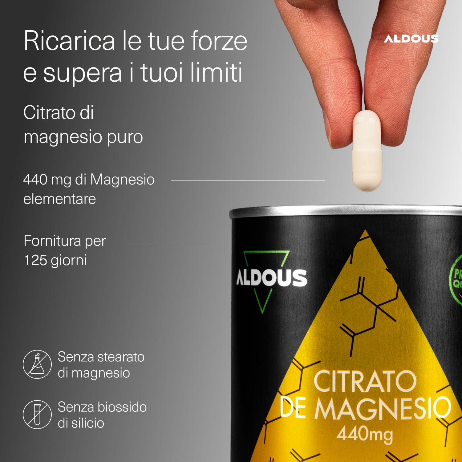 Mano che tiene una capsula. Barattolo con scritta: Citrato de Magnesio 440mg. Marchio: Aldous. Testo: Citrato di magnesio puro.