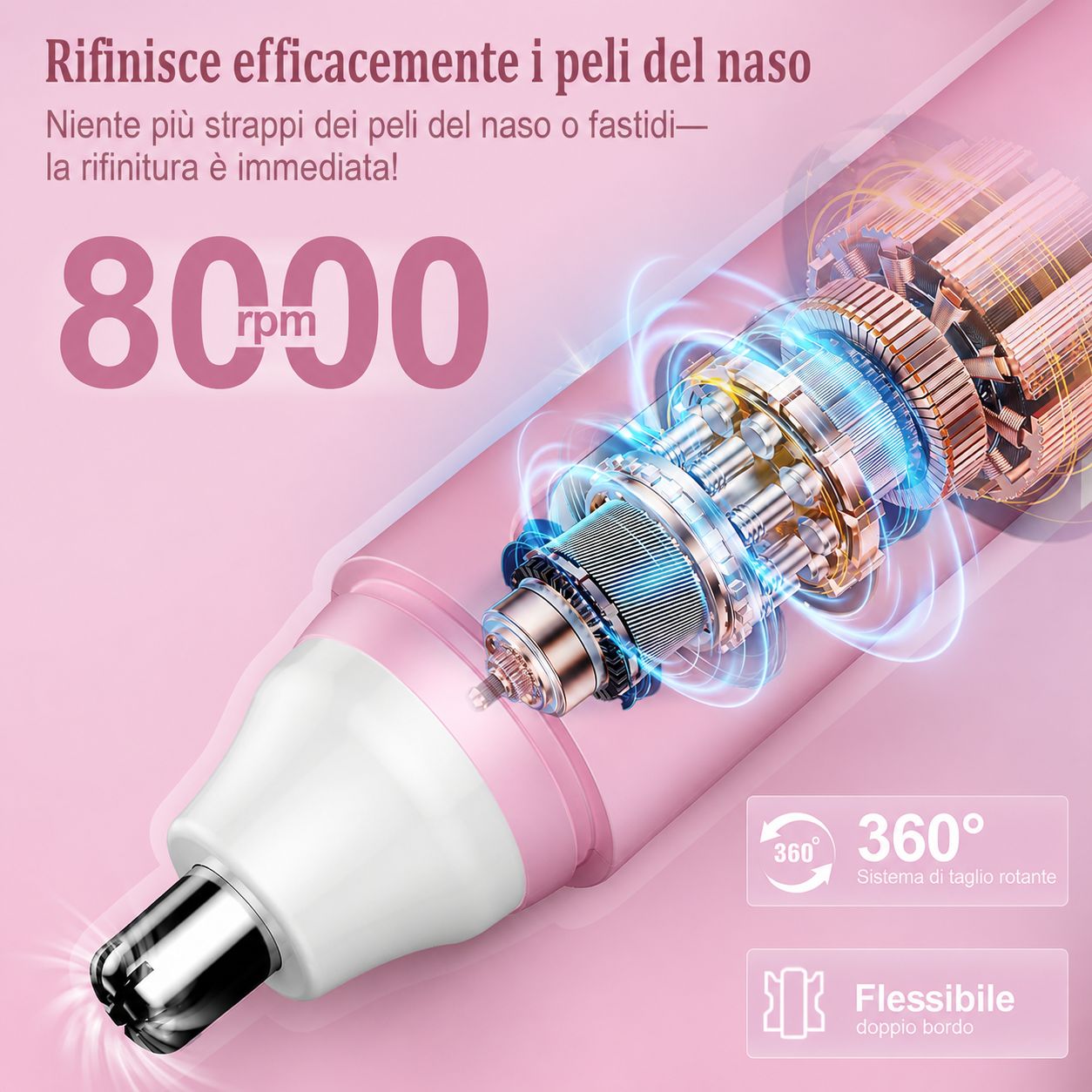 Trimmer per peli nasali rosa con componenti interni esposti. 8000 giri/min. Sistema di taglio rotante a 360°. Doppio bordo flessibile.