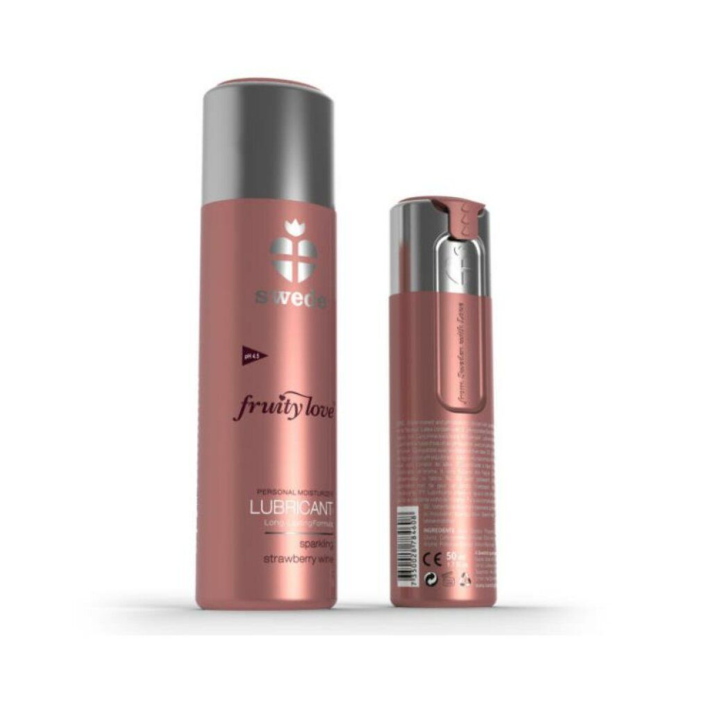 Due flaconi rosa con tappi argentati. Scritta: Swede, Fruity Love, Lubricant, Sparkling Strawberry Wine. pH 4.5. CE.