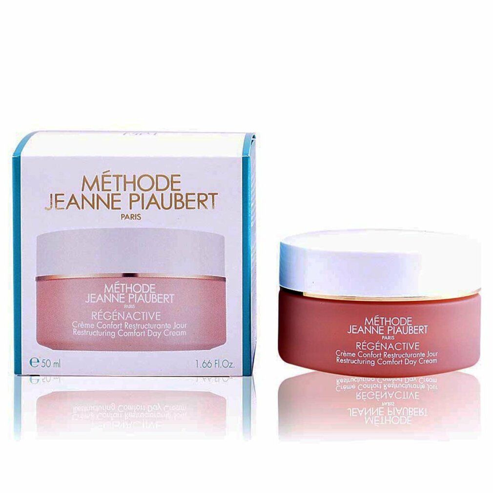 Vaso di crema e scatola. Scritta: MÉTHODE JEANNE PIAUBERT, RÉGÉNACTIVE, Crème Confort Restructurante Jour. Sulla scatola: 50 ml, 1.66 Fl.Oz.