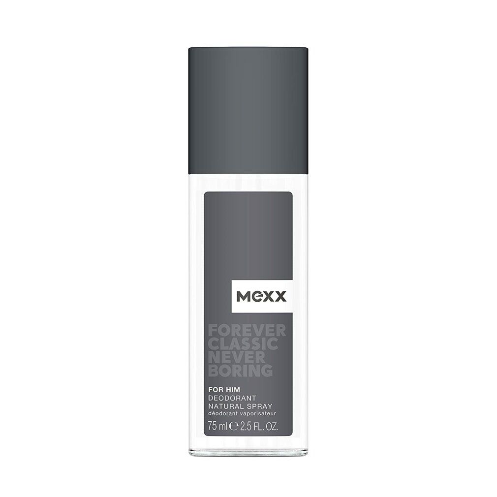 Spray deodorante per uomo. Tappo grigio, forma rettangolare. Scritta: MEXX, Forever Classic Never Boring. 75 ml.