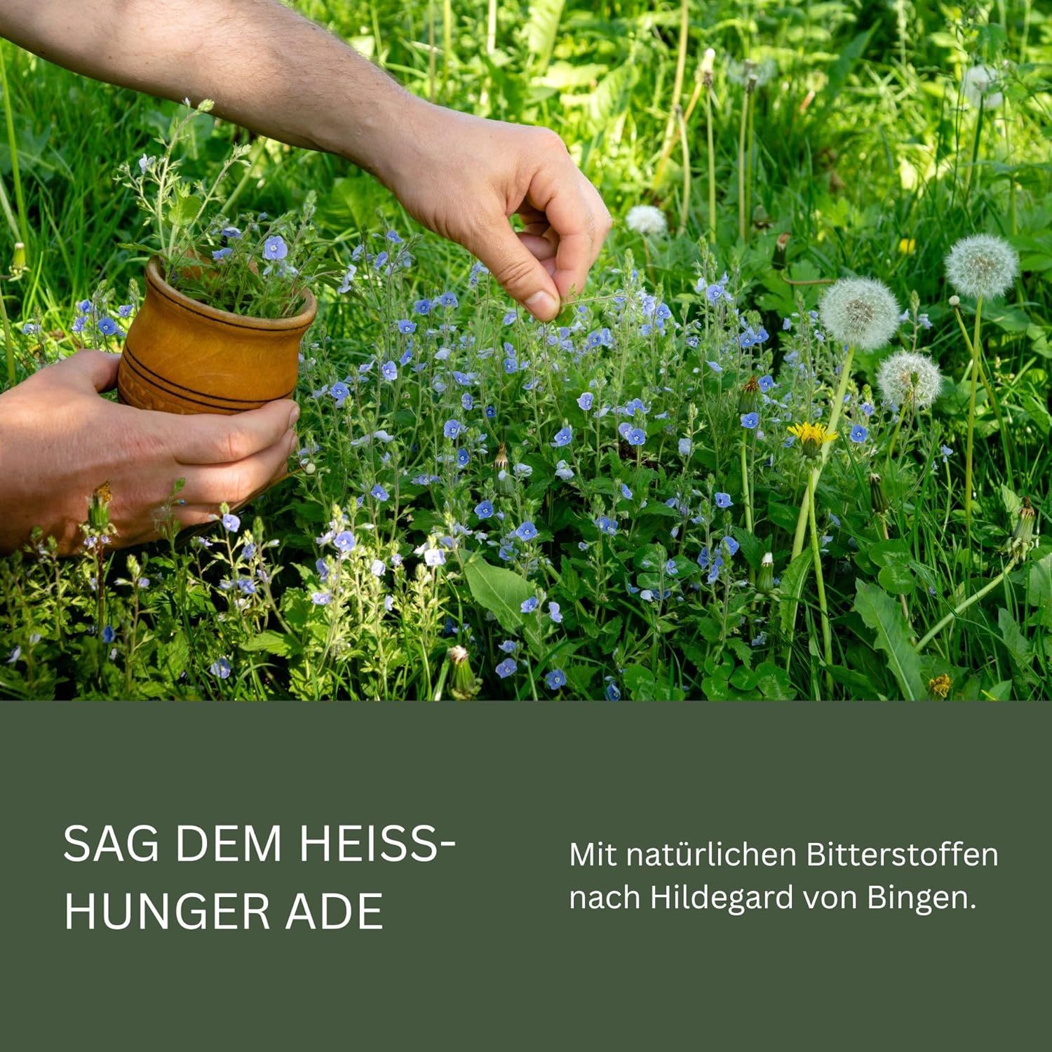 Persona che raccoglie fiori. Testo: Dì addio alle voglie. Con sostanze amare naturali di Ildegarda di Bingen.