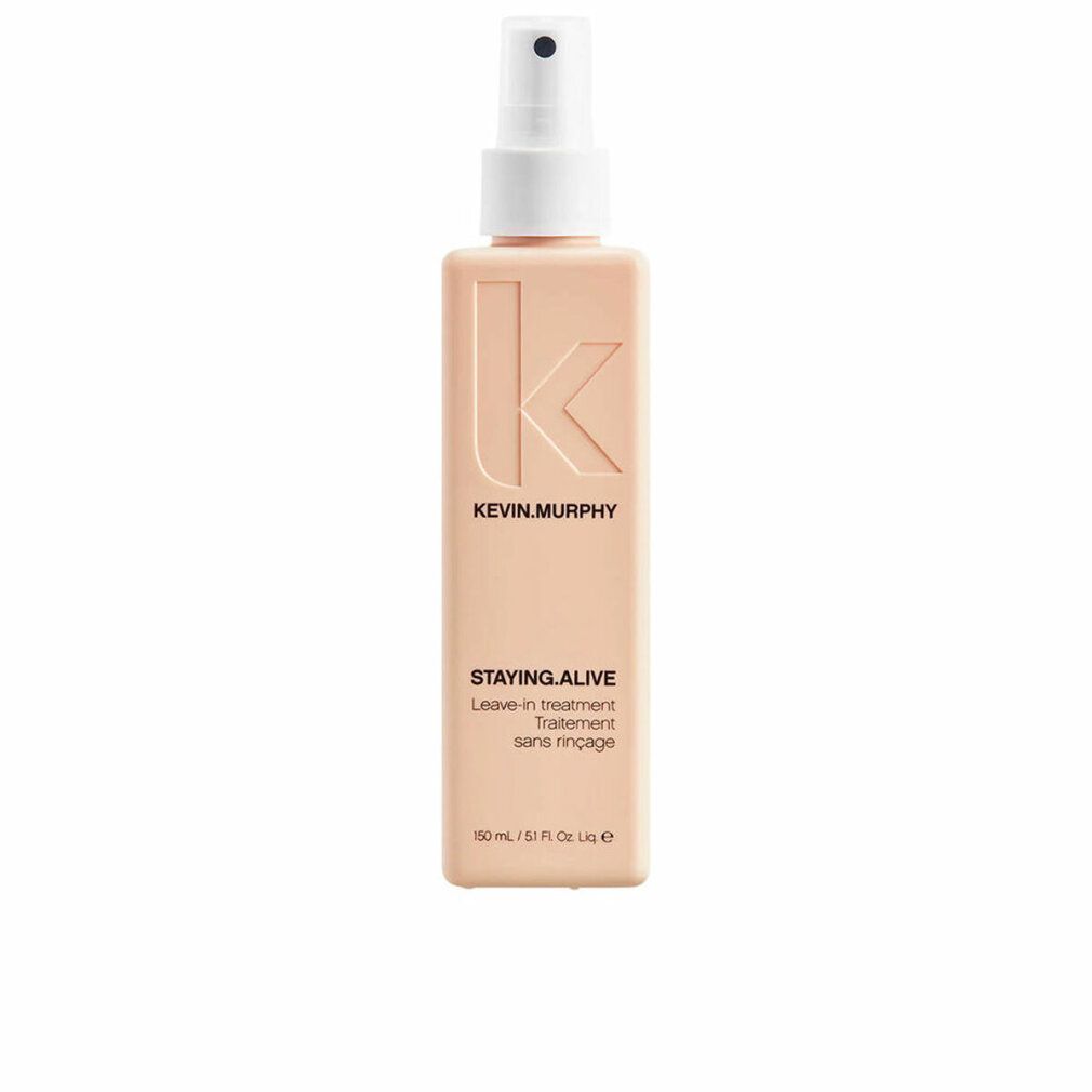 Flacone spray rettangolare beige con erogatore bianco. Scritta: Kevin Murphy, STAYING.ALIVE, Leave-in treatment, sans rinçage.