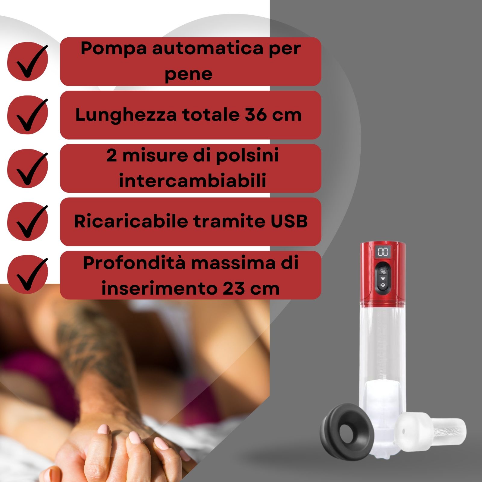 Pompa automatica per pene. Lunghezza 36cm, 2 polsini, ricarica USB, profondità inserimento 23cm. Coppia sullo sfondo.