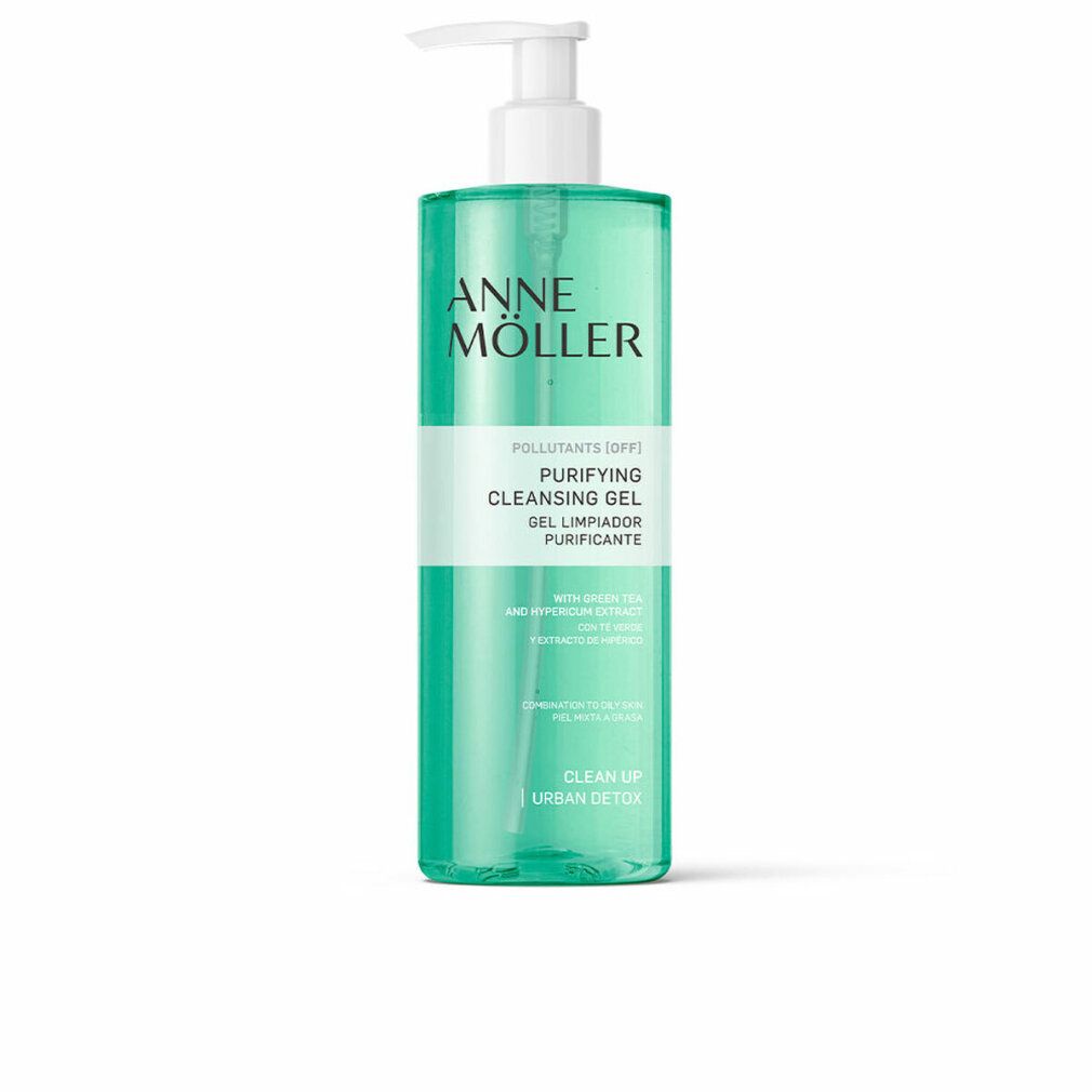 Flacone verde con dosatore bianco. Testo: ANNE MÖLLER, Purifying Cleansing Gel. Contiene estratto di tè verde. Clean Up Urban Detox.