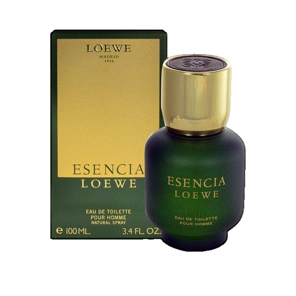 Flacone verde con tappo dorato e confezione. Scritta: Esencia Loewe. 100 ml.