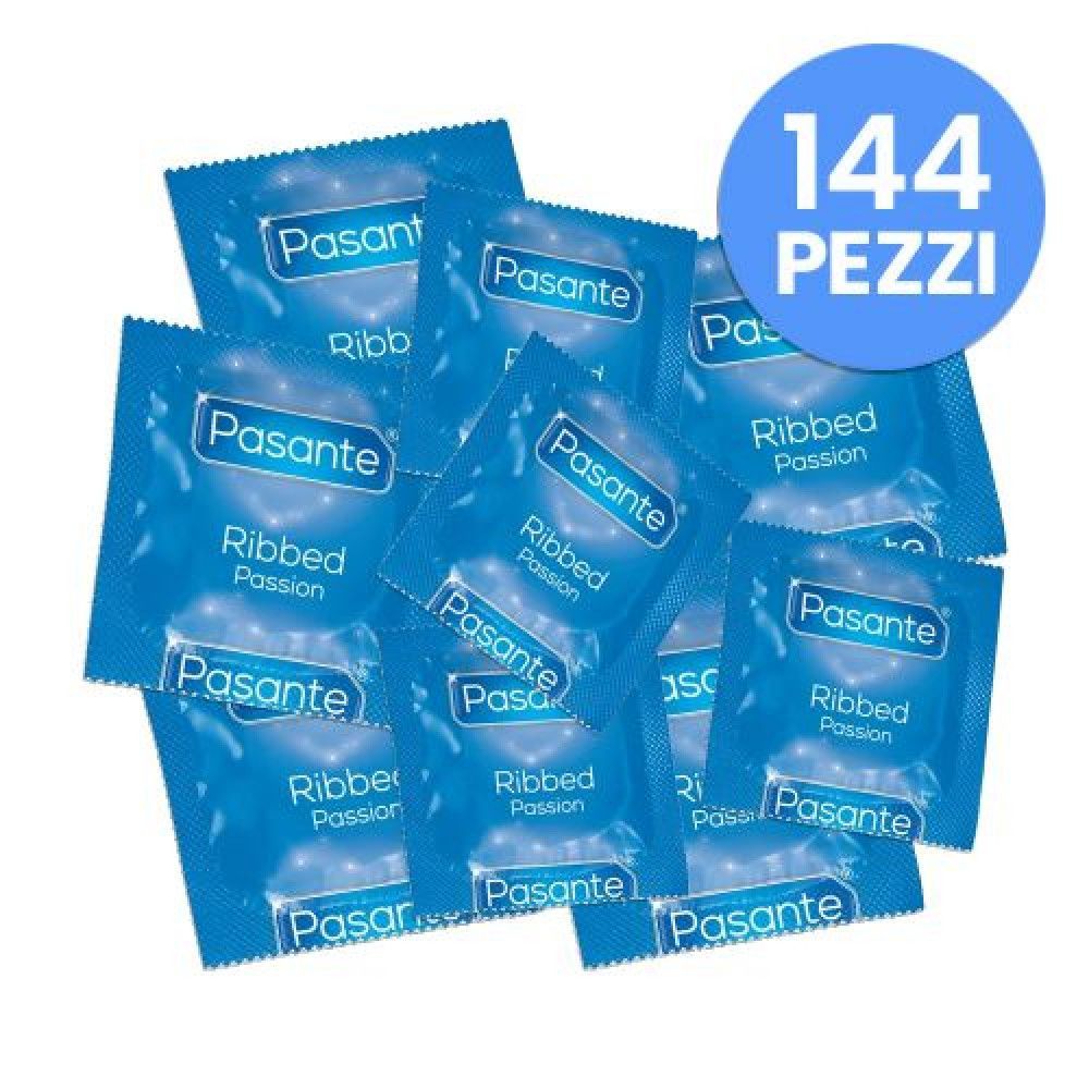 Diverse confezioni di preservativi blu. Scritta: Pasante Ribbed Passion. In alto a destra: 144 PEZZI.