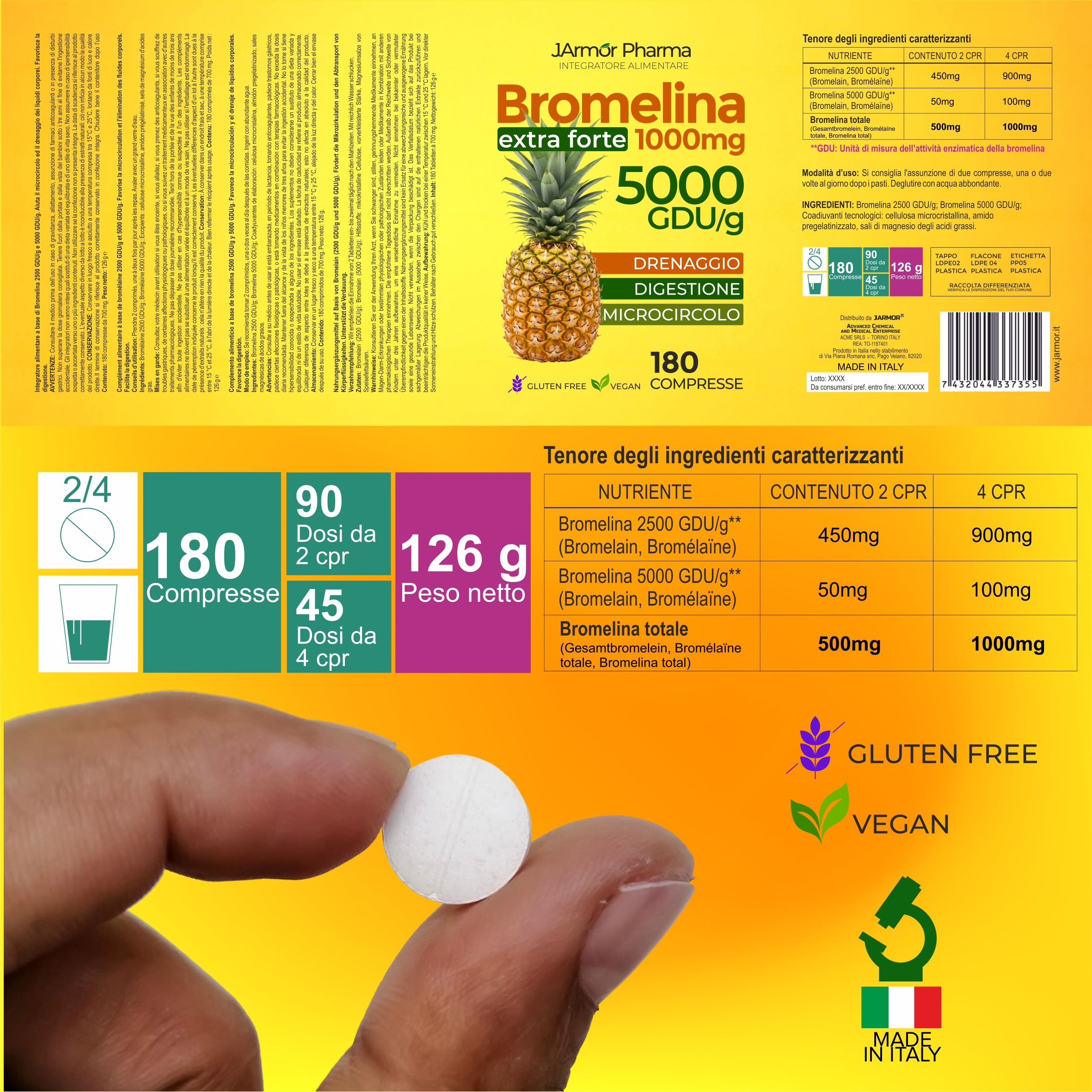 Compressa tra le dita. Confezione con informazioni sul prodotto. Testo: Bromelina extra forte 1000mg 5000 GDU. Senza glutine, Vegan.