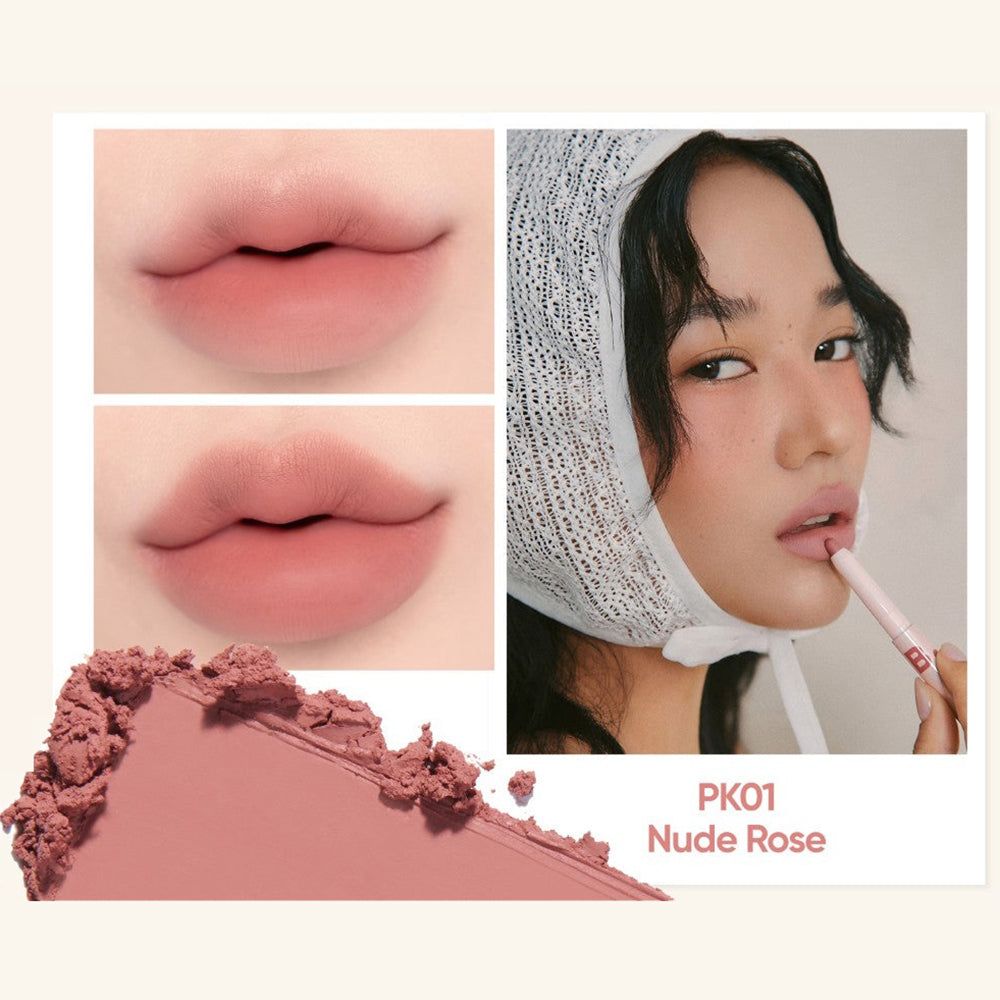 Rossetto PK01 Nude Rose sulle labbra e come campione di colore.