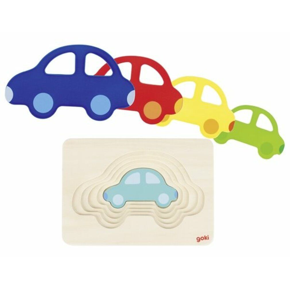 Puzzle in legno Goki a 5 strati a forma di auto. Auto blu, rosse, gialle e verdi.