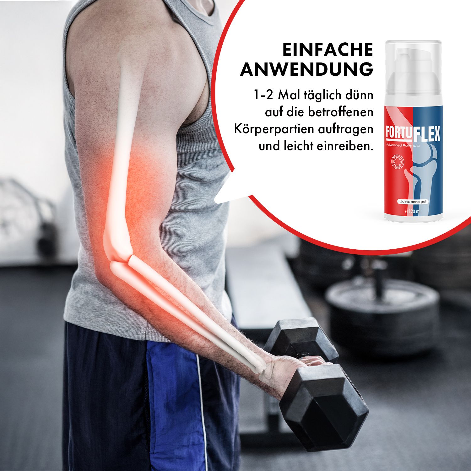 Uomo che si allena con manubrio, gomito evidenziato. Flacone di Fortuflex Gel nell'immagine. Scritta: Fortuflex. Testo: Facile applicazione, applicare 1-2 volte al giorno.