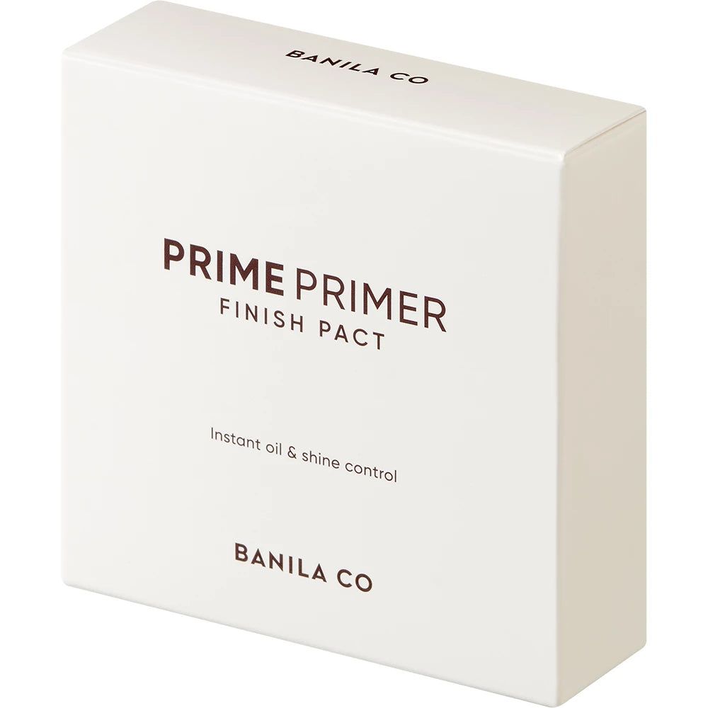 Confezione bianca per Prime Primer Finish Pact di Banila Co. con testo.