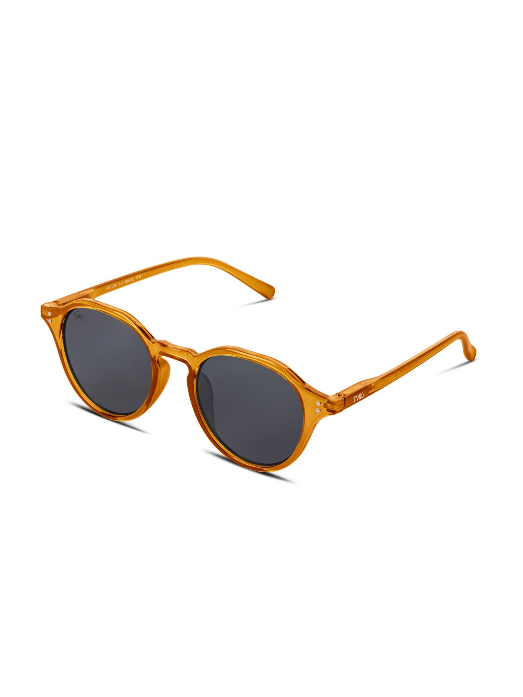 Occhiali da sole Twig Honey Orange. Forma rotonda, montatura marrone, lenti scure, vista laterale.