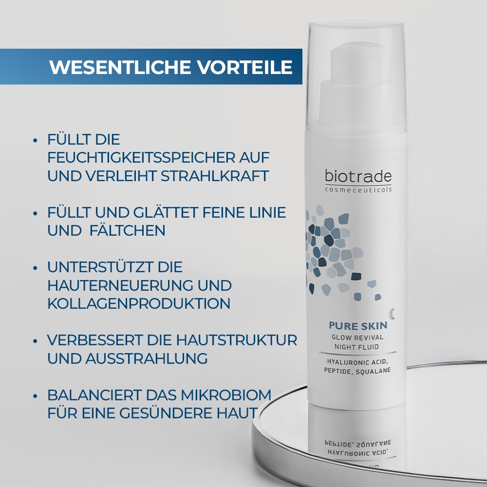 Biotrade Pure Skin Night Fluid su specchio. Testo: Pure Skin, Glow Revival Night Fluid. Vantaggi: idratazione, rughe, rinnovamento cutaneo, luminosità, microbioma.