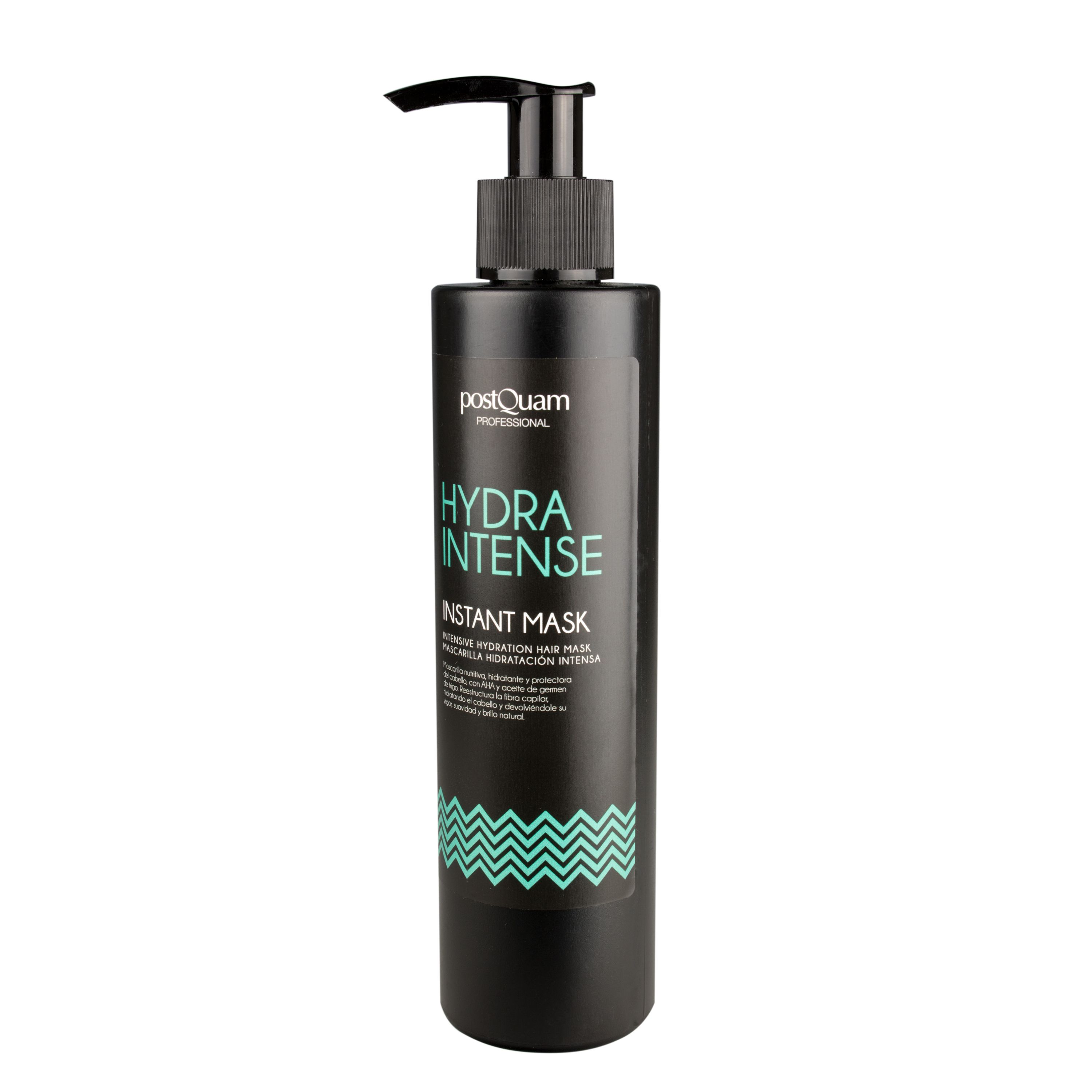 Flacone nero con dosatore. Scritta: Hydra Intense Instant Mask. Motivo a onde verdi.
