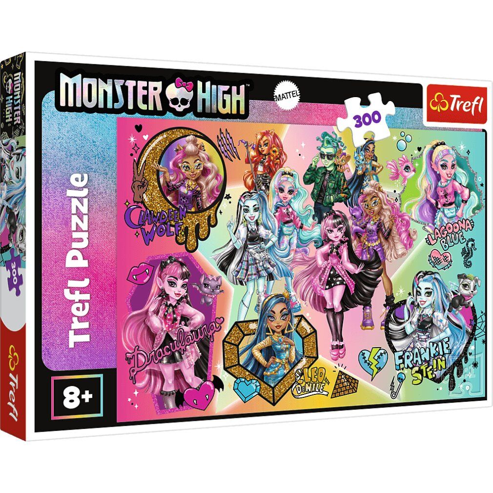 Scatola puzzle Monster High. Contiene 300 pezzi. Marchio Trefl. Età consigliata 8+. Confezione con personaggi.