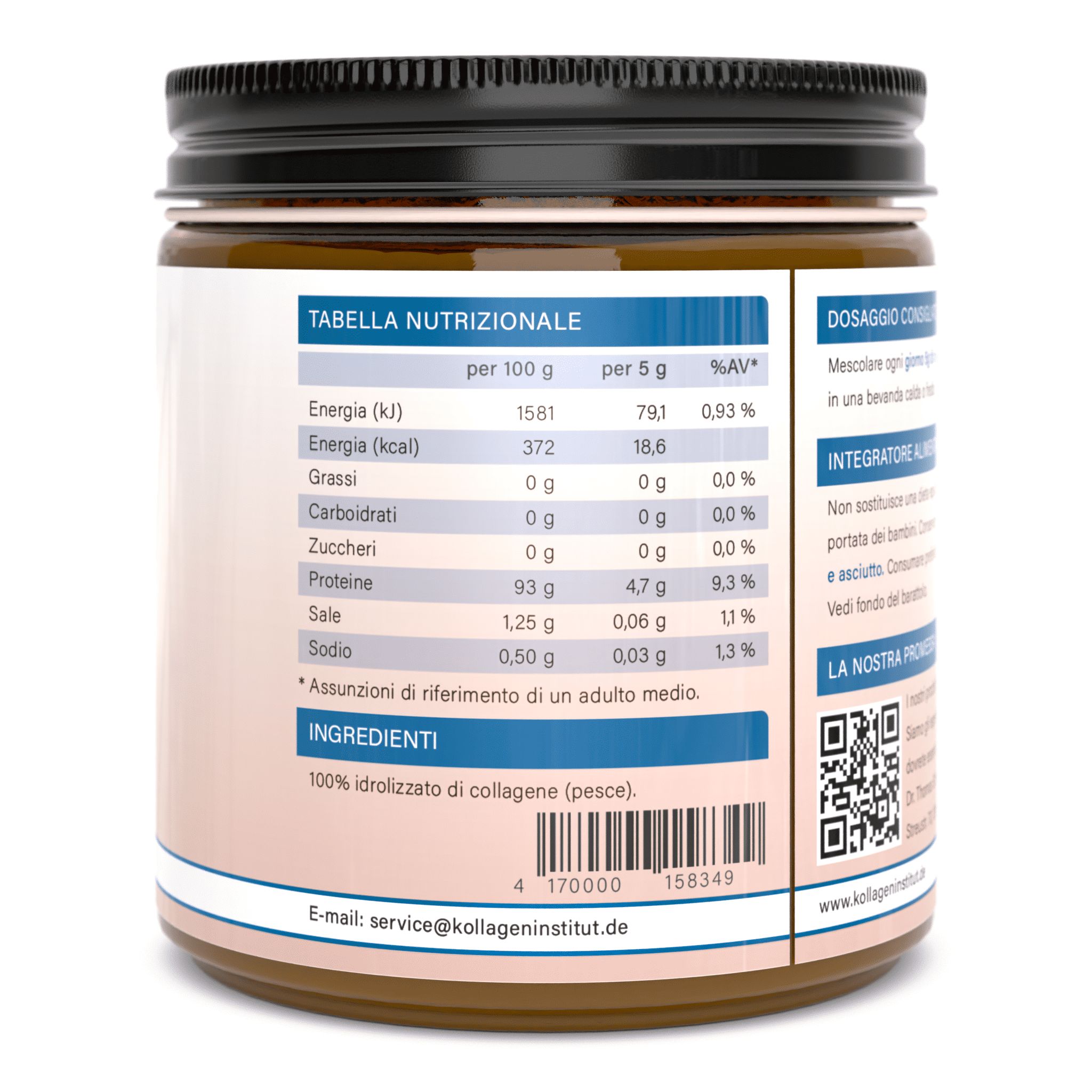 Retro di un barattolo di collagene con informazioni nutrizionali e ingredienti. Contiene una tabella con valori nutrizionali per 100g e 5g.