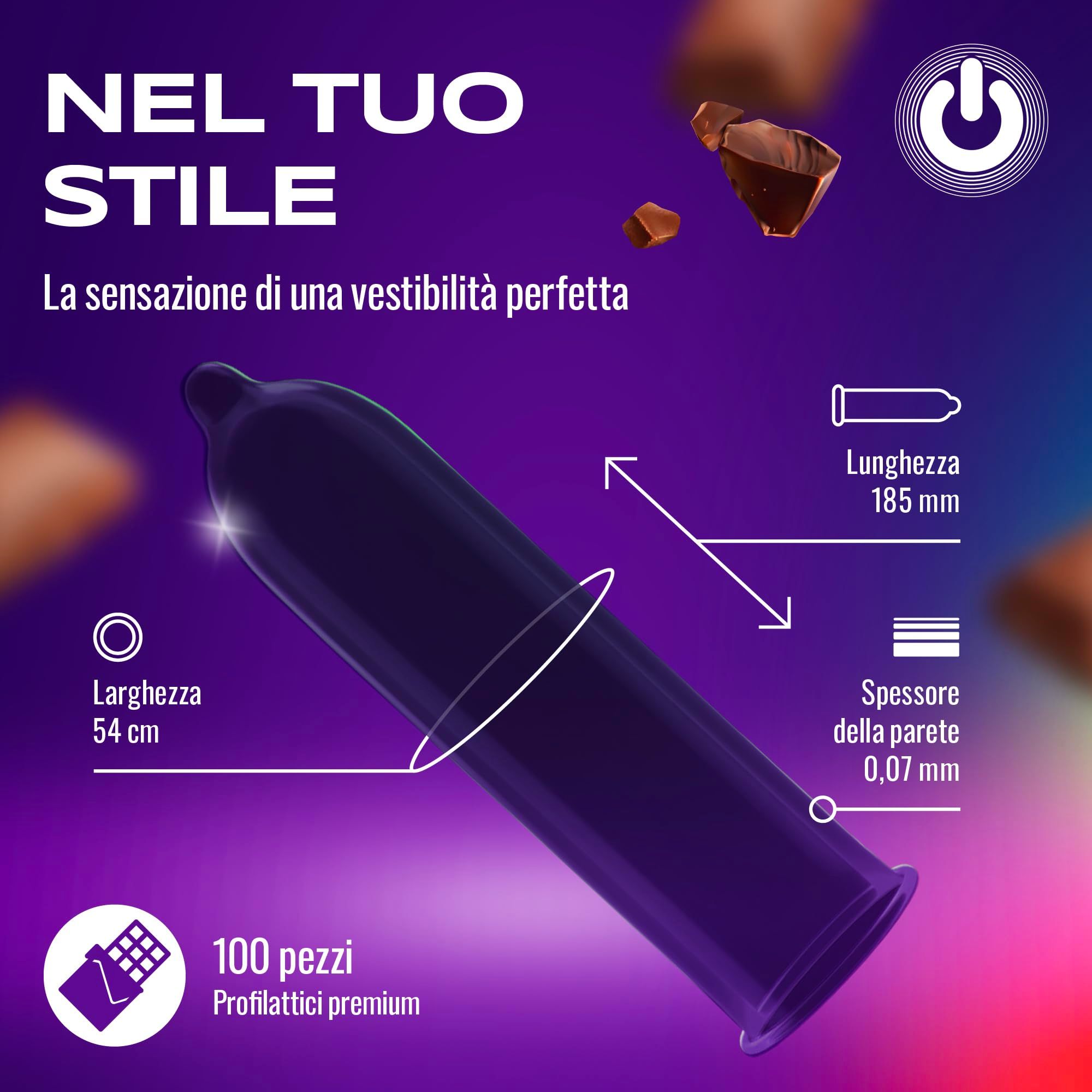 Preservativo nero aroma cioccolato, larghezza 54mm, lunghezza 185mm.