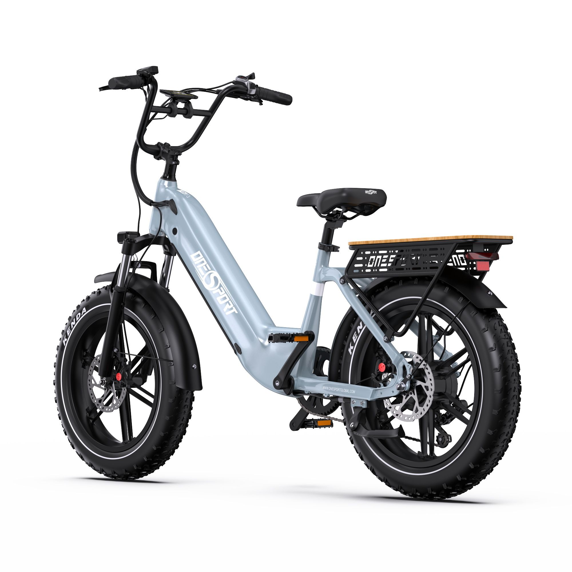 E-bike grigio chiaro con telaio nero, pneumatici Kenda e portapacchi. Logo Onesport visibile.