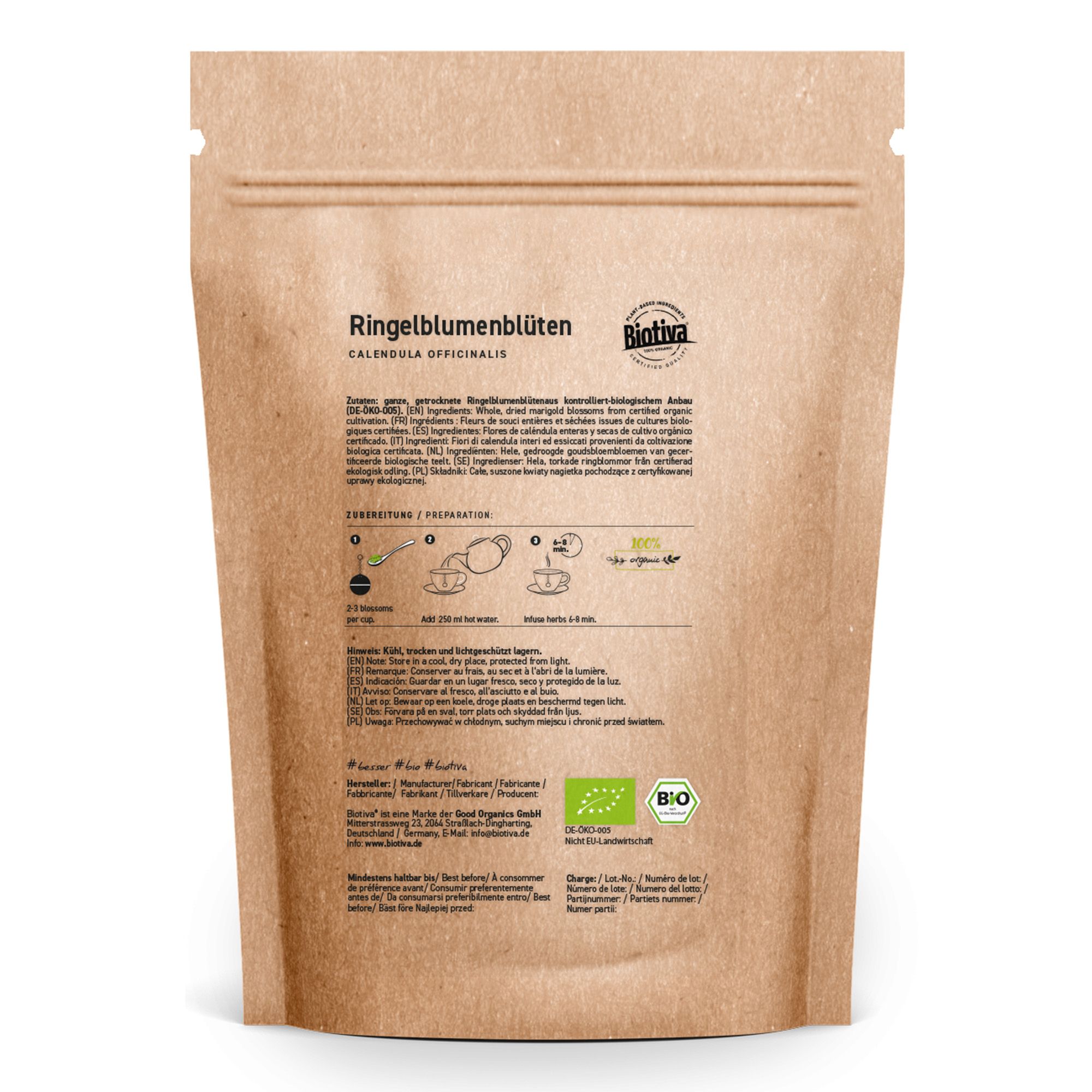 Retro della busta Biotiva Ringelblumenblüten Tee Bio con istruzioni per la preparazione e sigillo biologico.