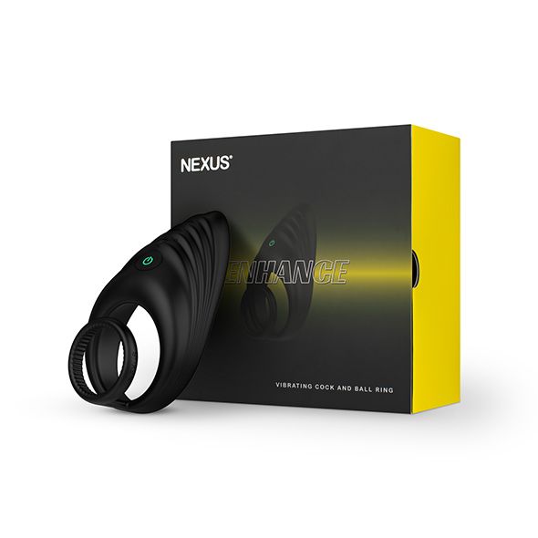 Anello vibrante nero accanto a una scatola nera con accento giallo. 'NEXUS ENHANCE' è scritto sulla scatola.