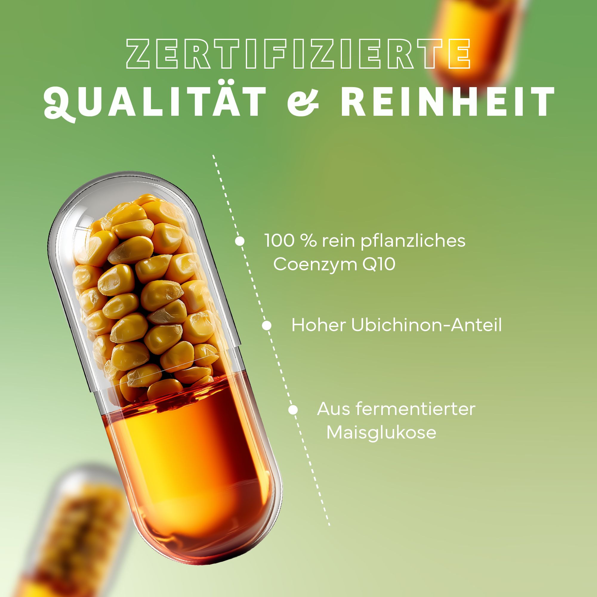 Qualità certificata: Coenzima Q10 100% vegetale da glucosio di mais fermentato.