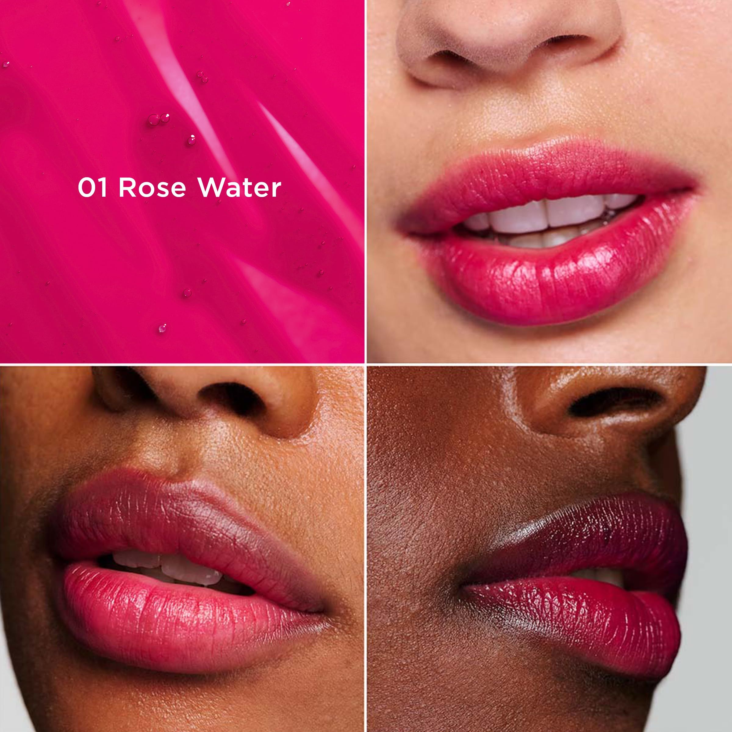 Labbra con rossetto rosa. Testo: 01 Rose Water.