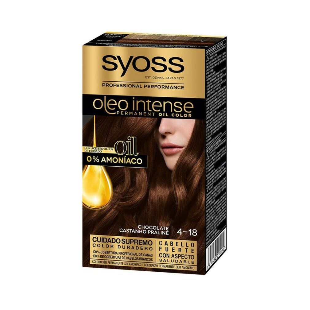 Syoss Oleo Intense, 4-18 Cioccolato, colorazione permanente per capelli. Scatola con immagine e testo. Scritto: 0% Ammoniaca.