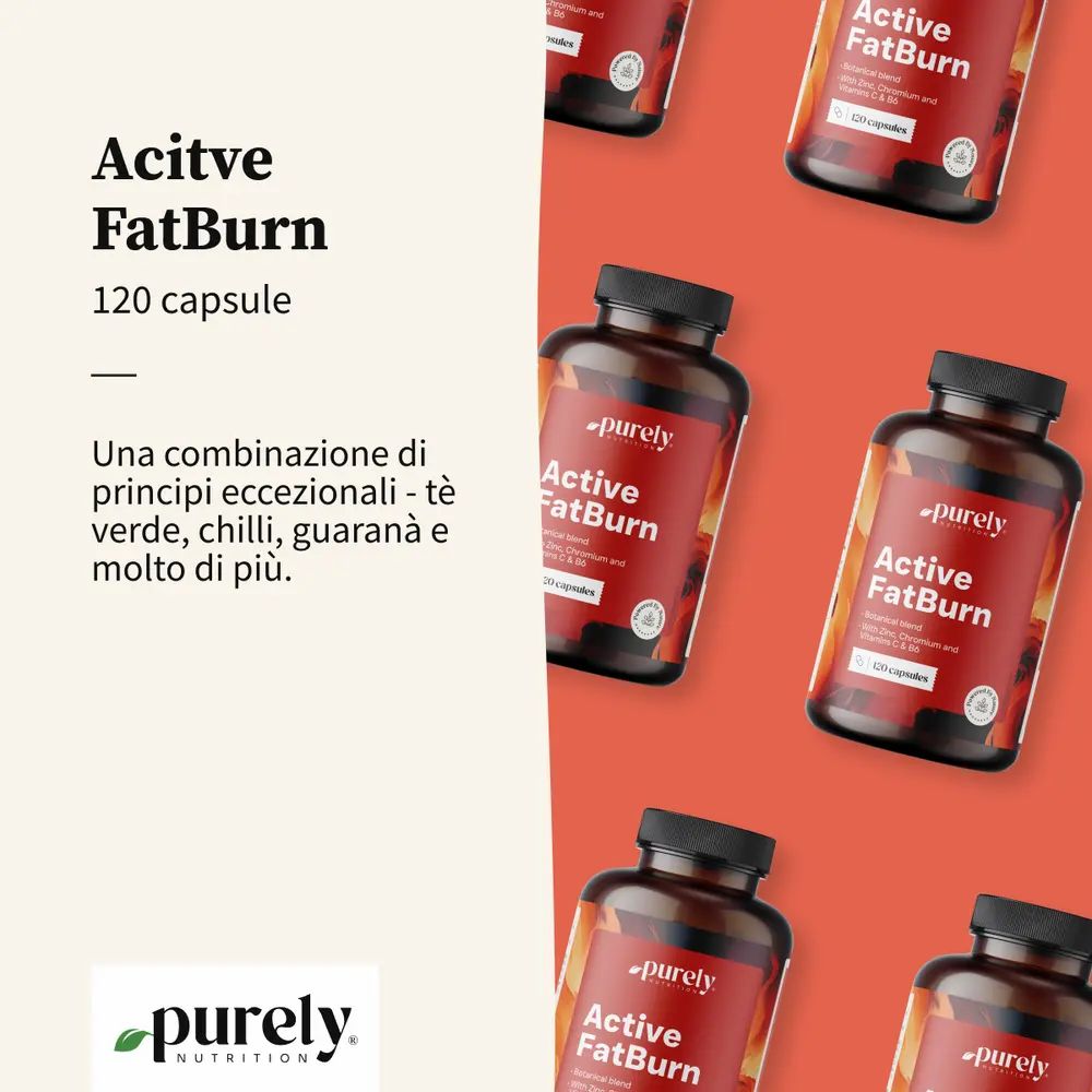Diversi flaconi Active FatBurn su sfondo rosso. Testo: Una combinazione di principi attivi sorprendenti.